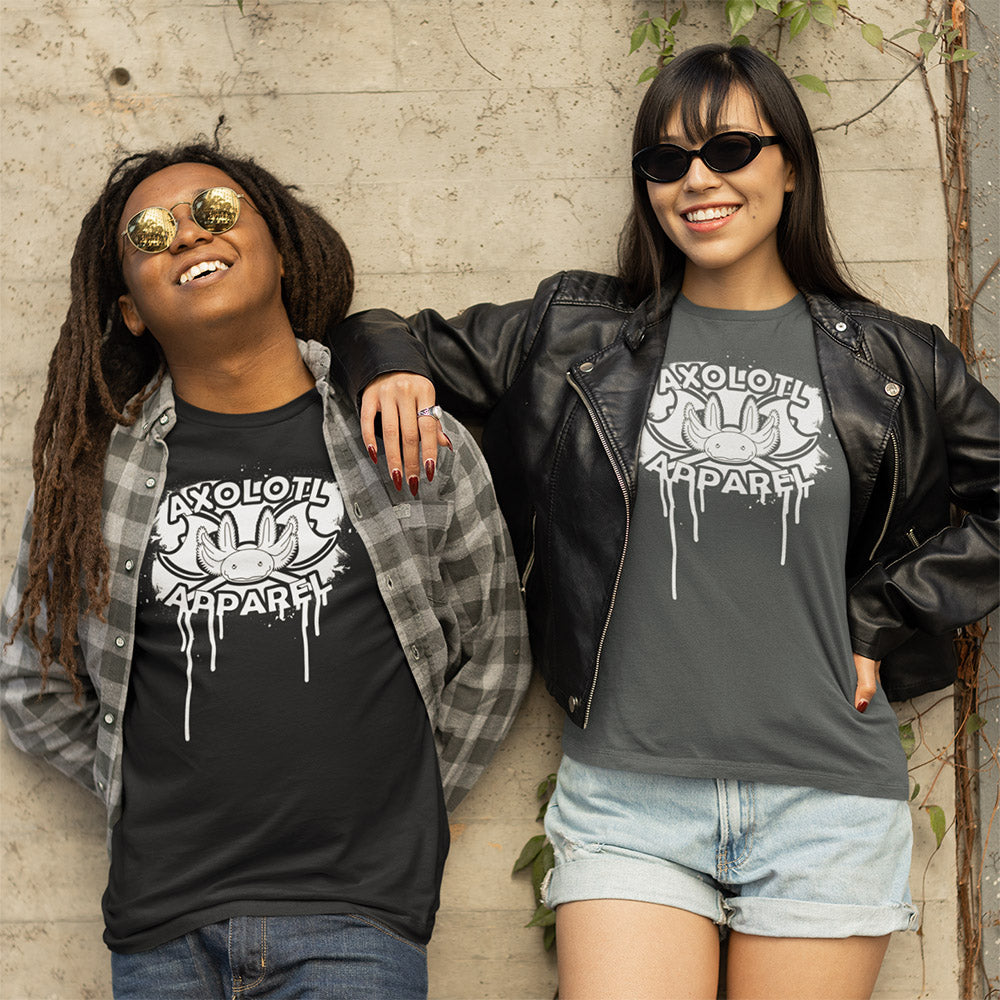 Axolotl-apparel-spatter-logo_Short-sleeve_Unisex_T-shirt_Black-and-grey_Mockup