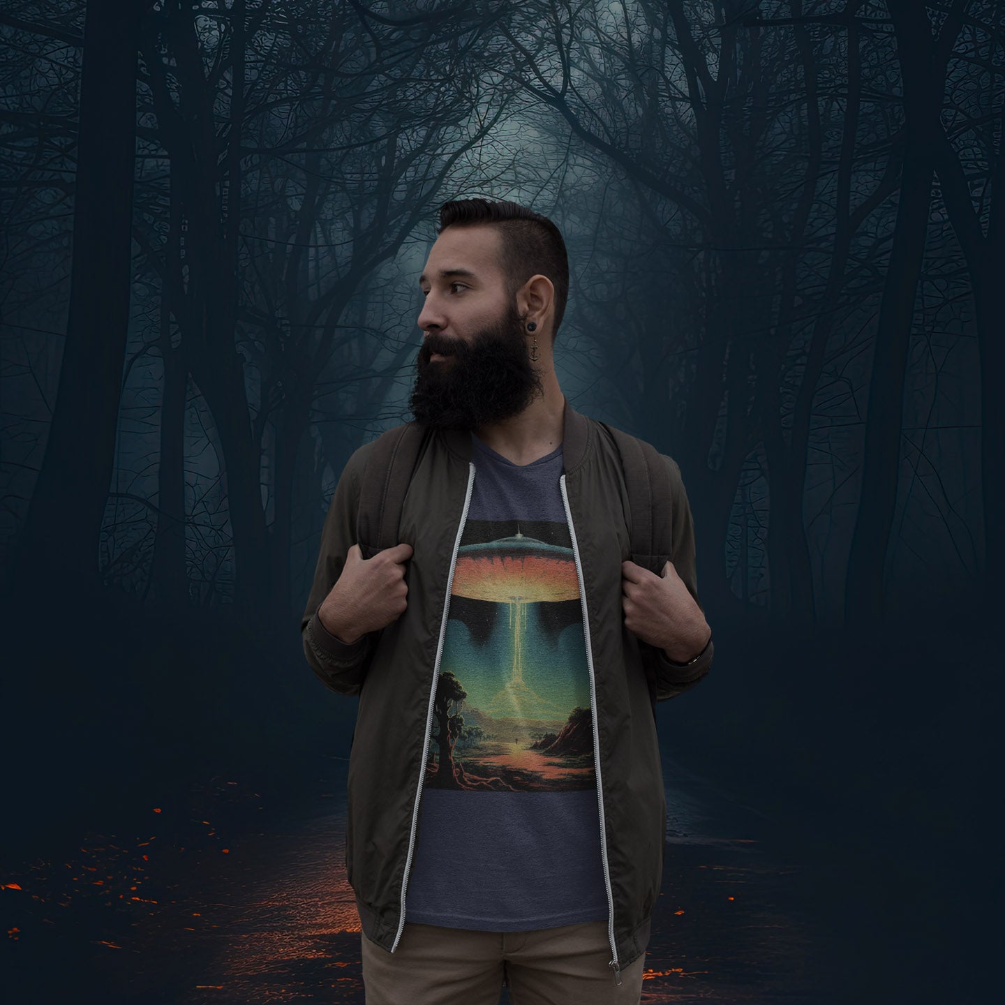 Bakshi_UFO_Short-sleeve_Unisex_T-shirt_Navy-Blue_Mockup_Man-in-woods