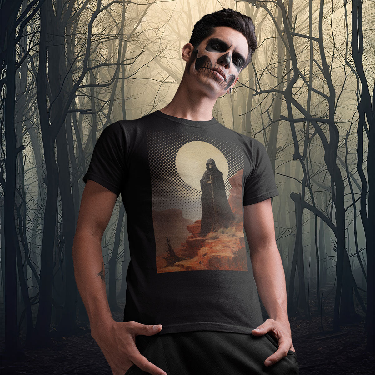 Death-by-Frazetta_Short-sleeve_Unisex_T-shirt_Black_Mockup_Skullface
