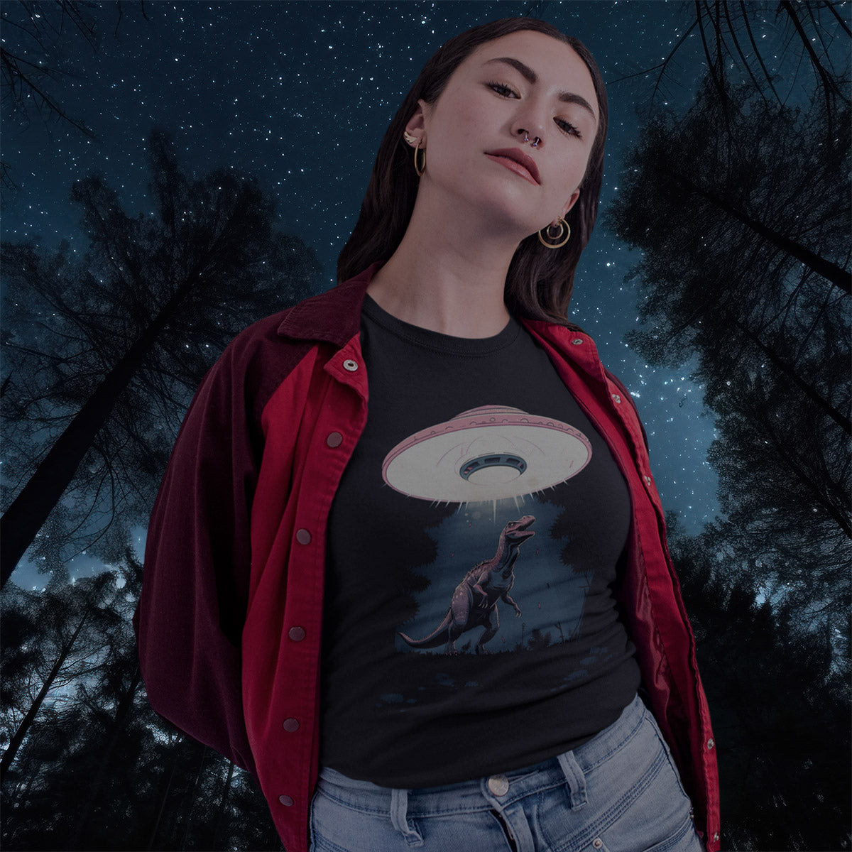 Dino-Abduction_Short-sleeve_Unisex_T-shirt_Black_Mockup