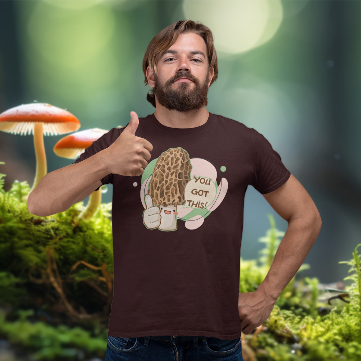 Morel_Support_Short_Sleeve_Unisex_T-shirt_Oxblood_Mockup_Thumbs-up