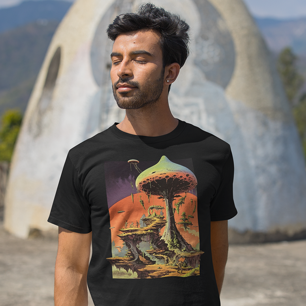 Mushroom-City_Shirt-sleeve_Unisex_T-shirt_Black_Mockup_Man-Outdoor