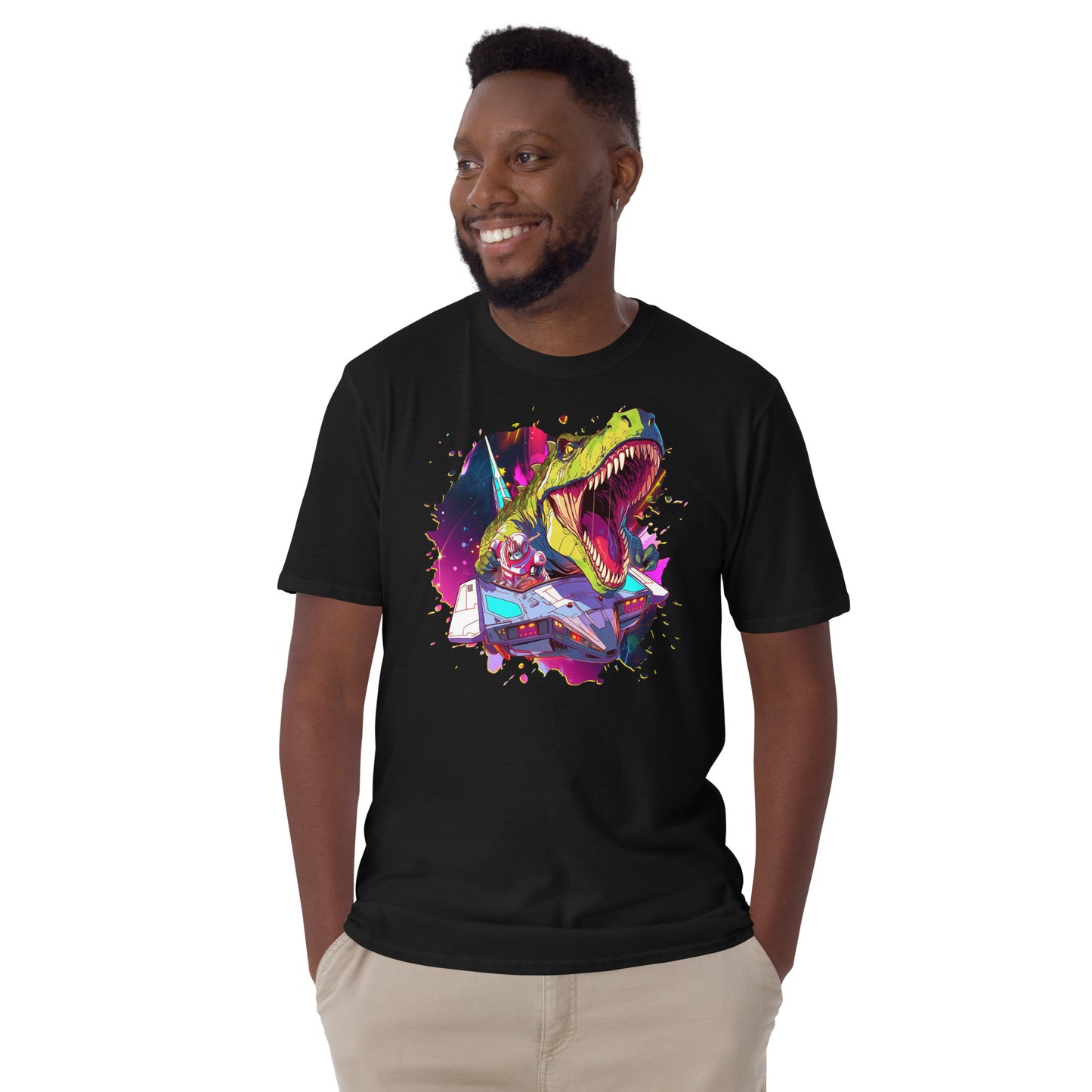 Dino Pilot Black Short-Sleeve Unisex T-Shirt Mockup