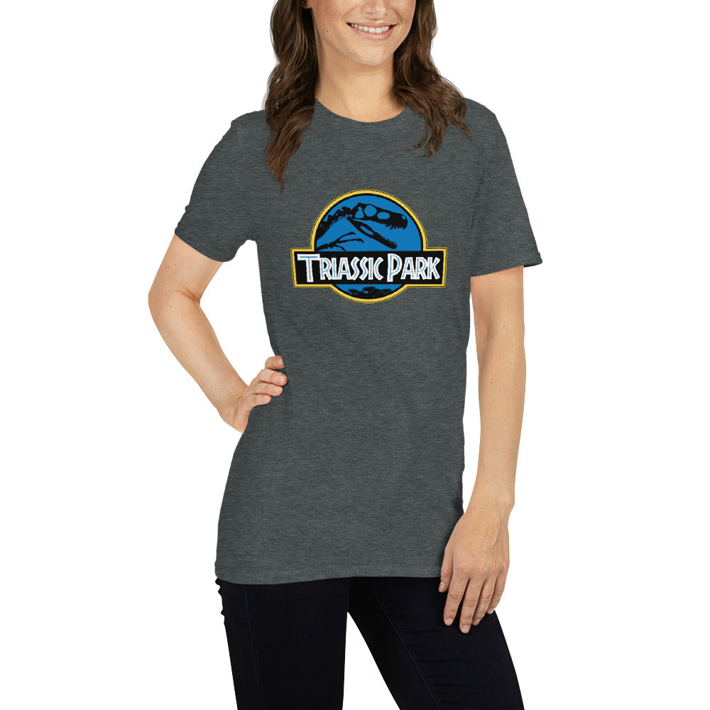 Triassic Park Dark Grey Unisex Short Sleeve T-Shirt Mockup