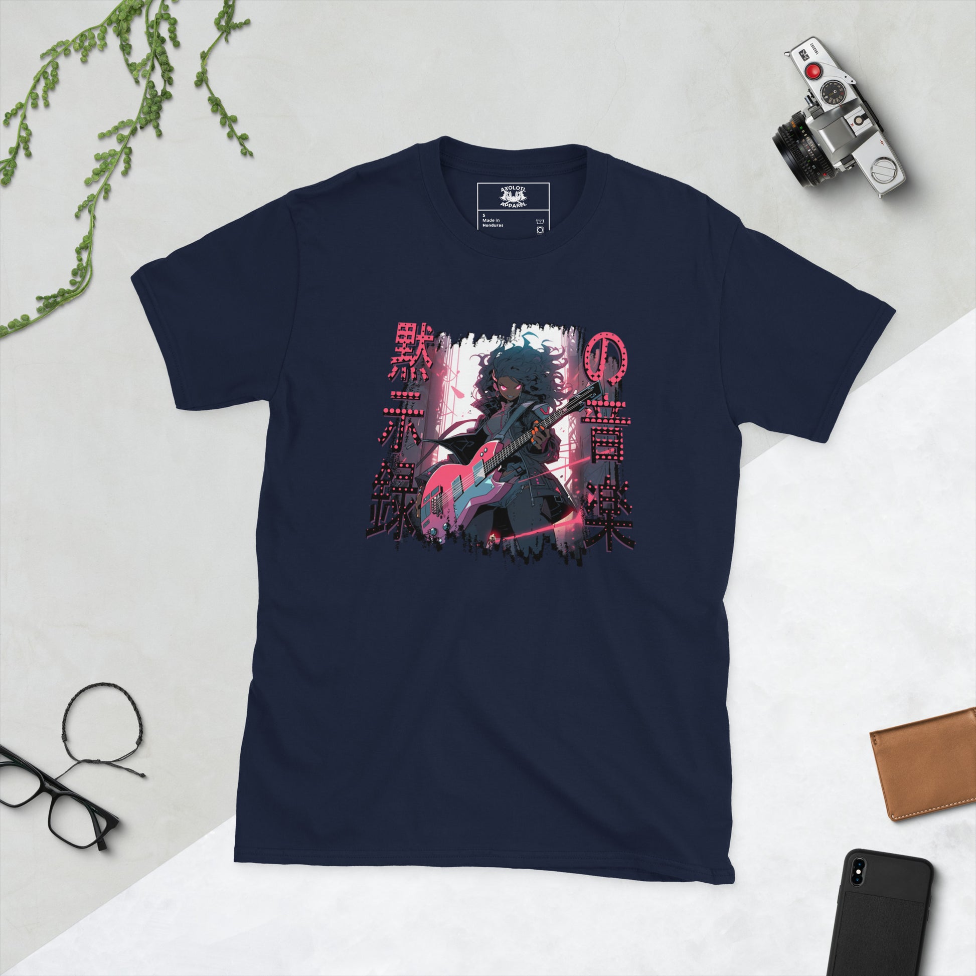 Dystopian Guitar Short Sleeve Unisex T-shirt Navy Flat