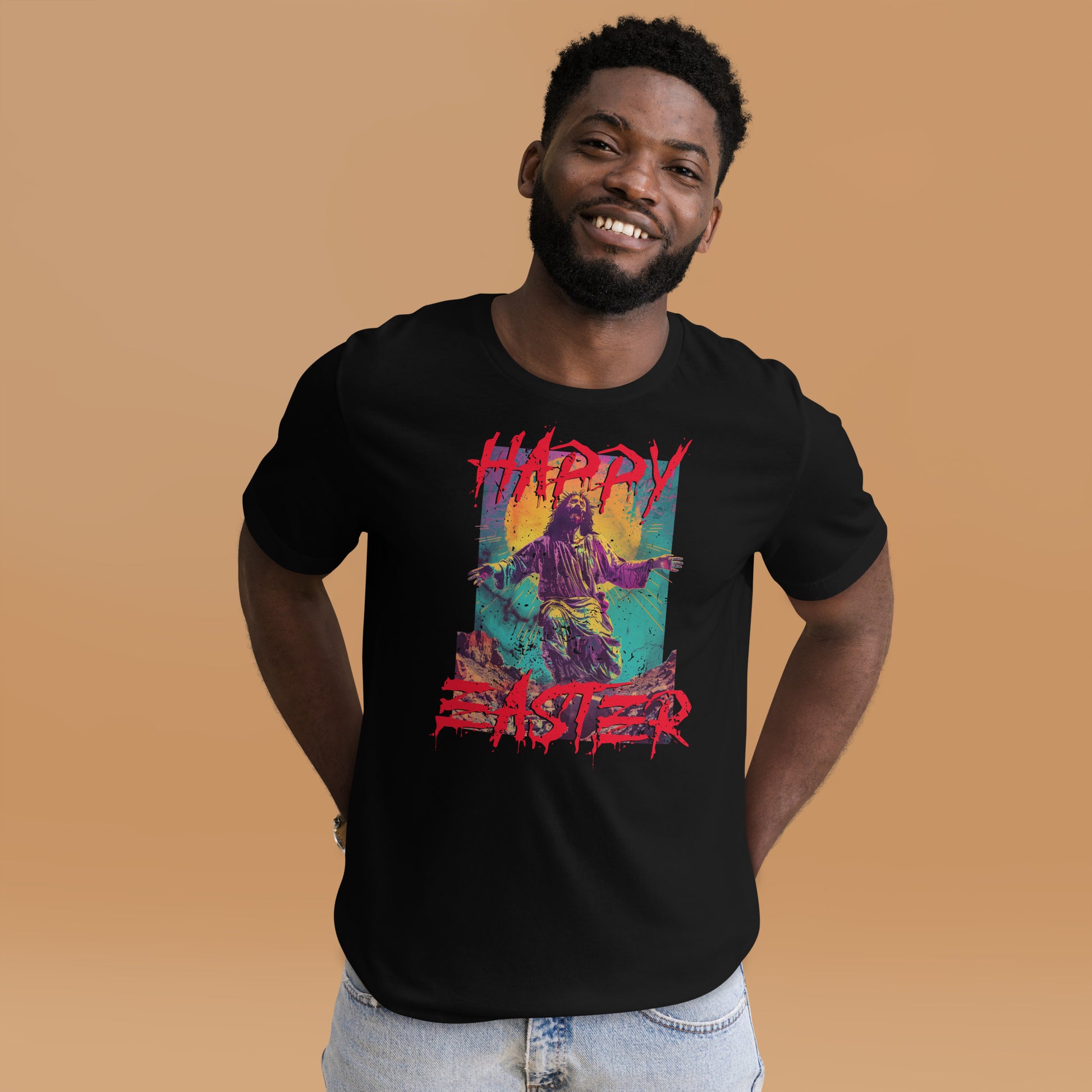 Happy Easter, Zombie Jesus Irreverent Spring Holiday Short-sleeve Unisex T-shirt Black Mockup