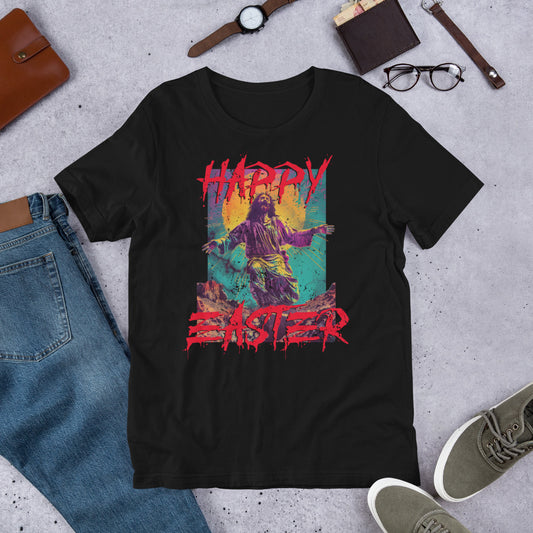 Happy Easter, Zombie Jesus Irreverent Spring Holiday Short-sleeve Unisex T-shirt Black Flat