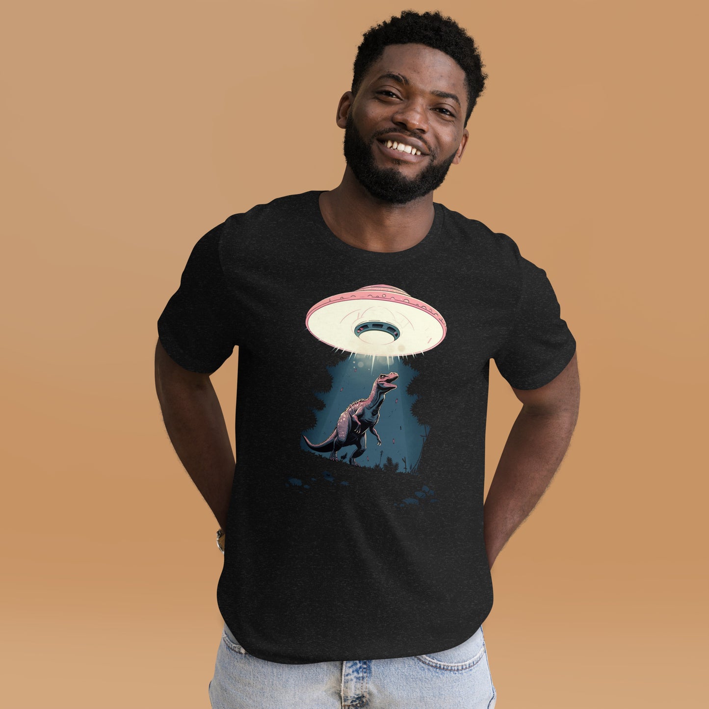 Dino-Abduction_Short-sleeve_Unisex_T-shirt_Heather-black_Mockup