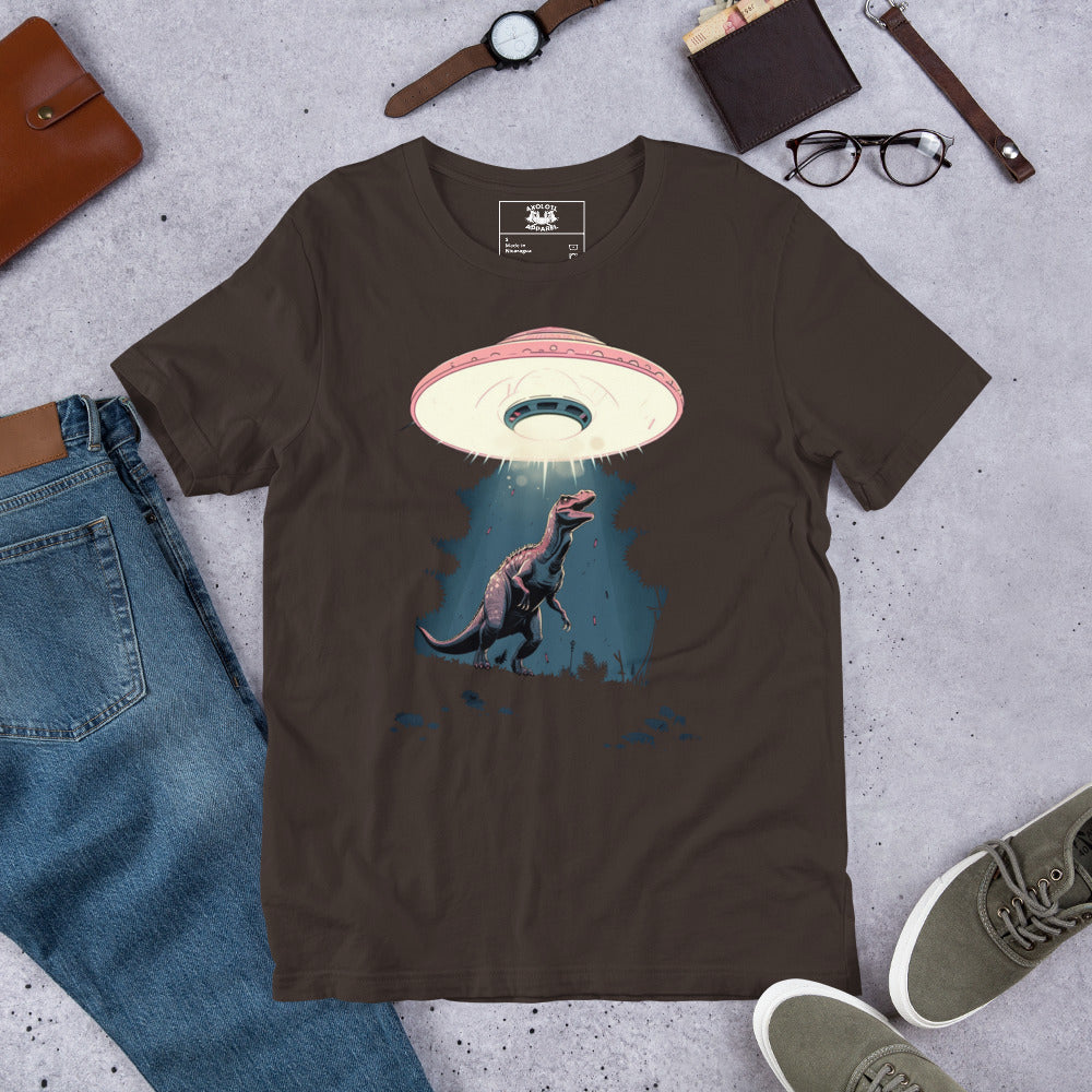 Dino-Abduction_Short-sleeve_Unisex_T-shirt_Brown_Flat