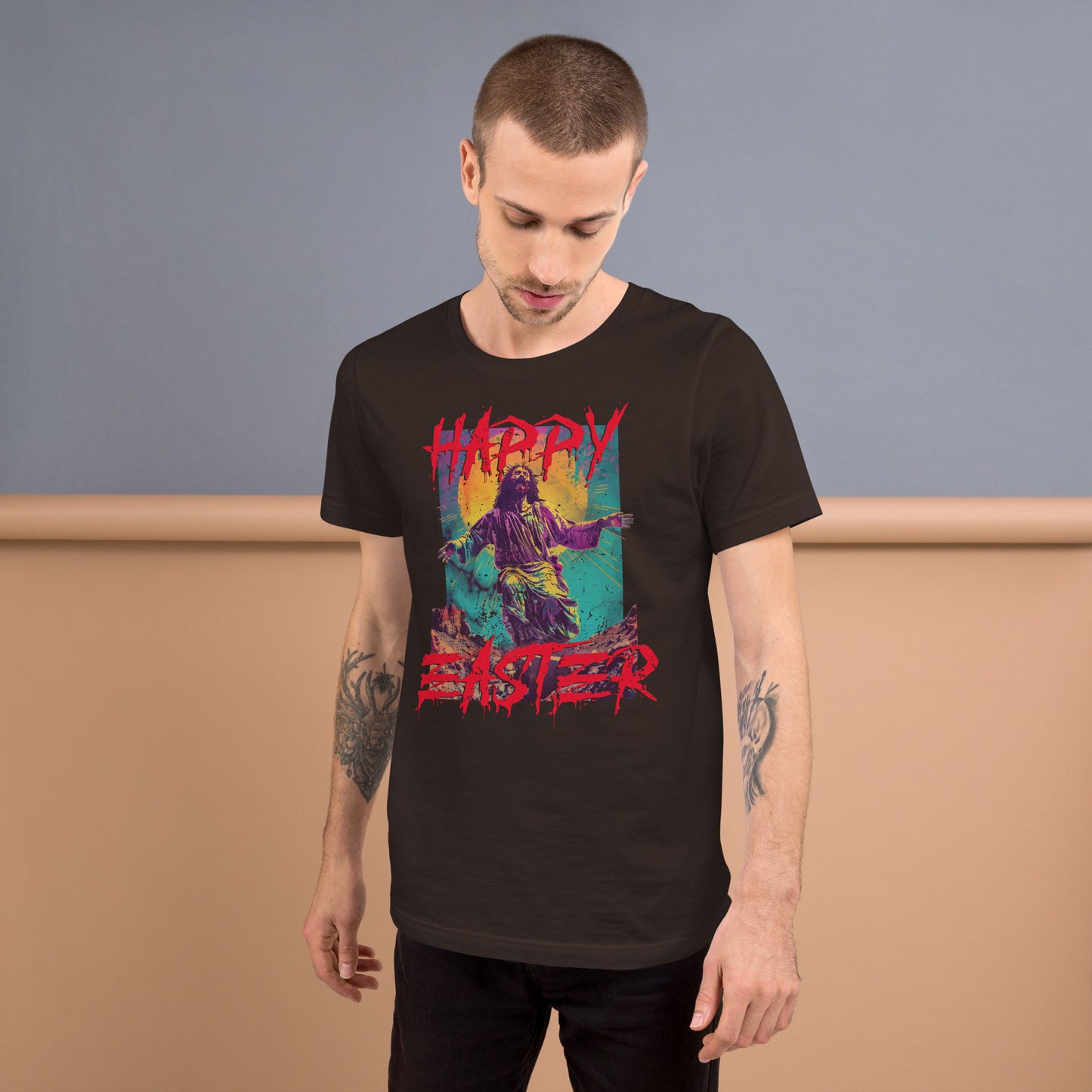 Happy Easter, Zombie Jesus Irreverent Spring Holiday Short-sleeve Unisex T-shirt Brown Mockup