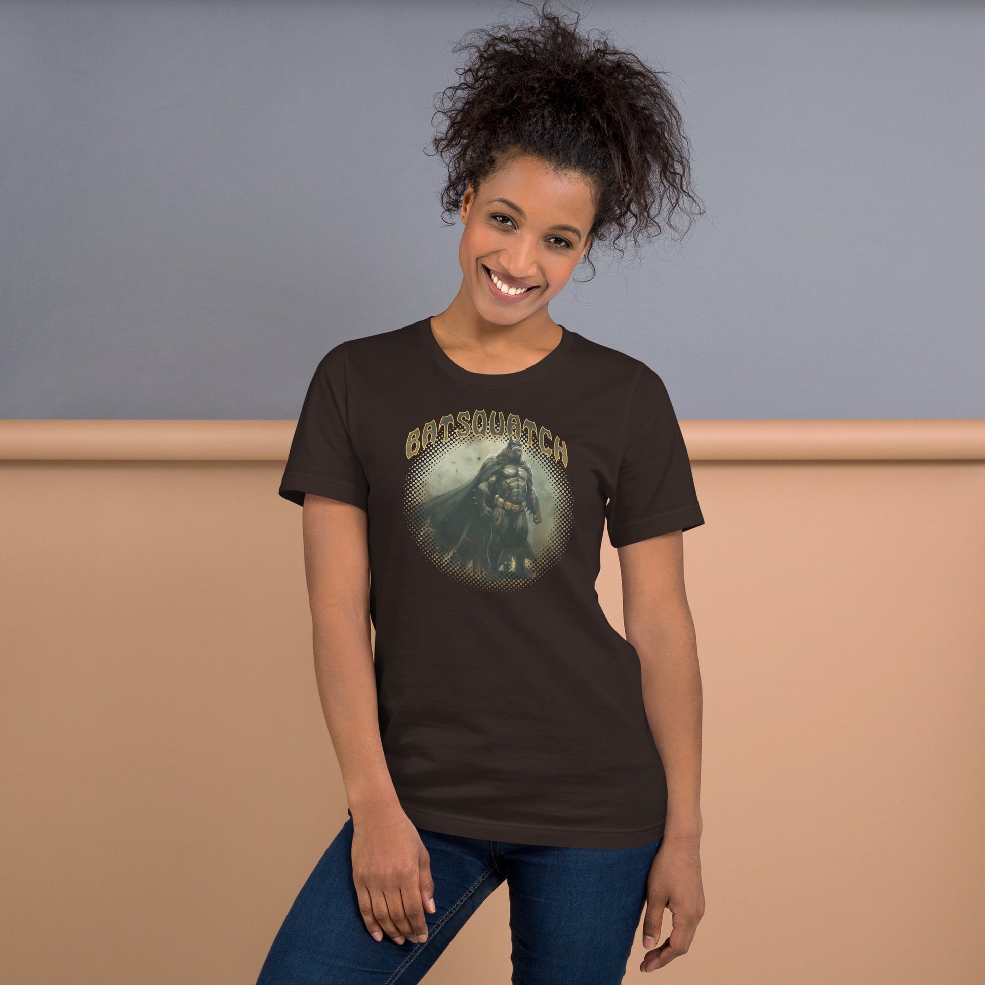Batsquatch Short Sleeve Unisex T-shirt Brown Mockup