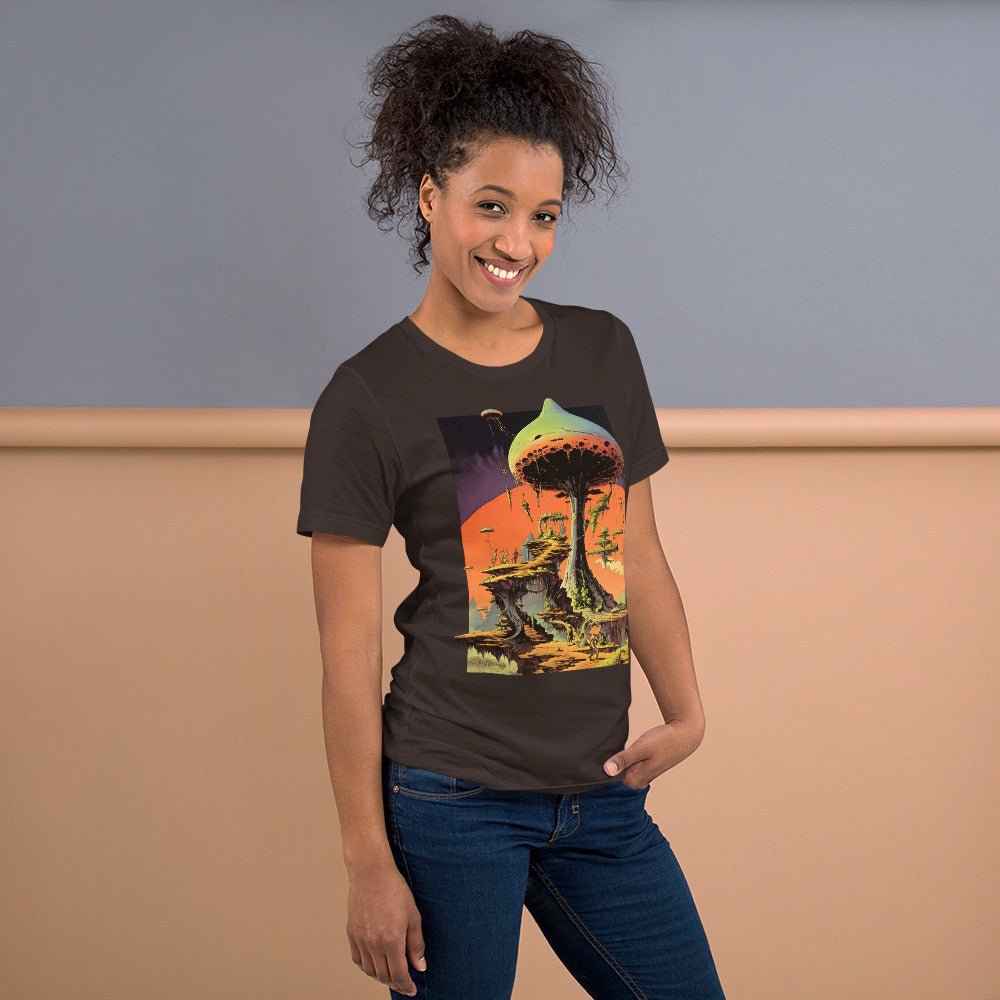 Mushroom-City_Shirt-sleeve_Unisex_T-shirt_Brown_Mockup