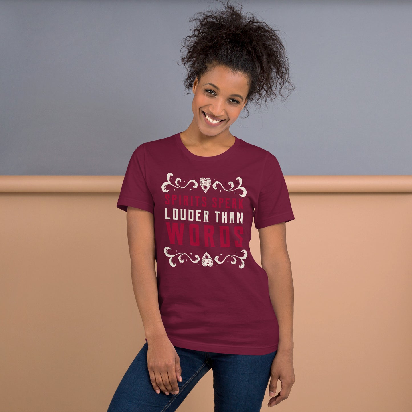 Spirits Speak Louder Than Words Short-sleeve Unisex T-shirt maroon Mockup
