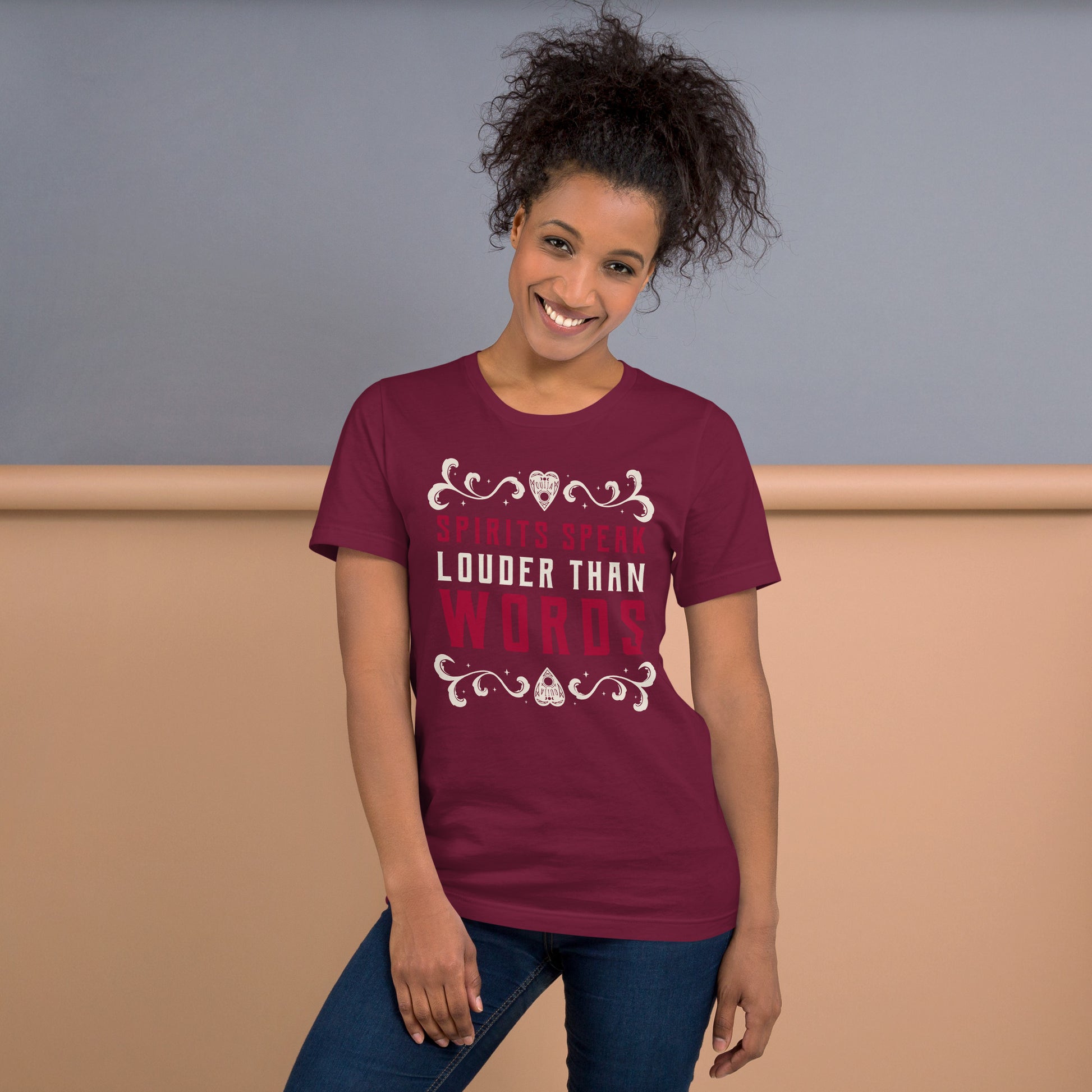 Spirits Speak Louder Than Words Short-sleeve Unisex T-shirt maroon Mockup
