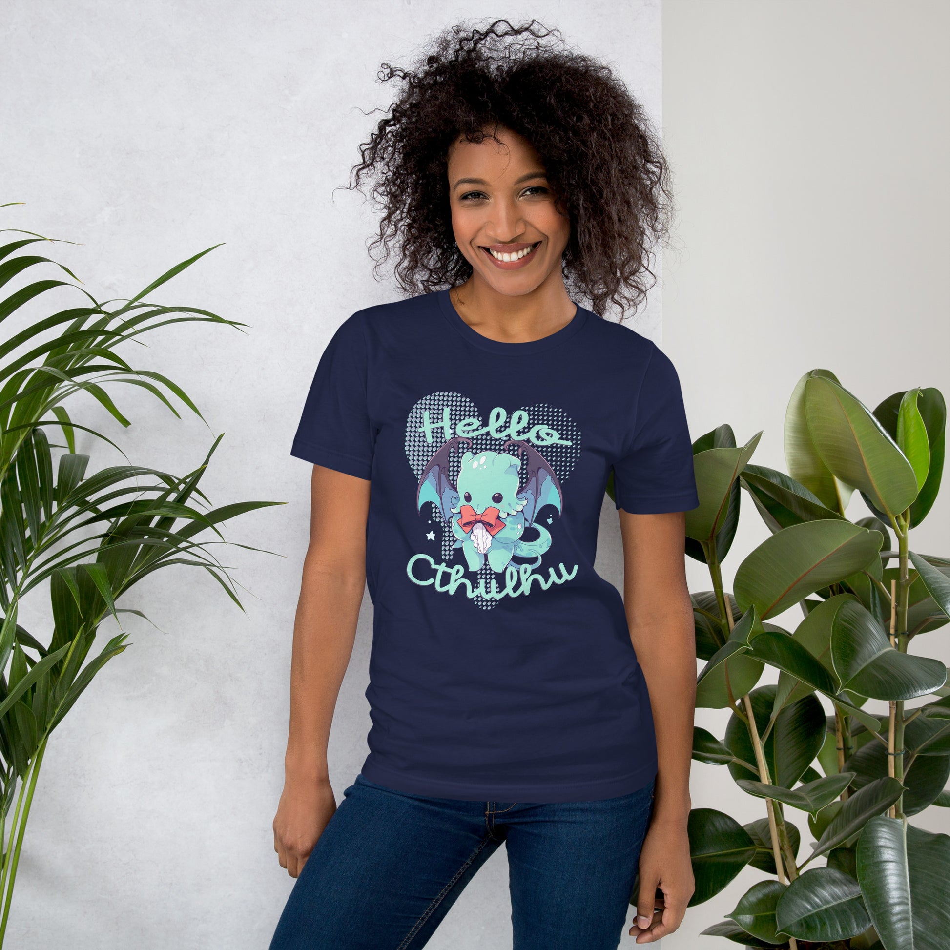Hello Cthulhu Shirt-sleeve Unisex T-shirt Navy Mockup