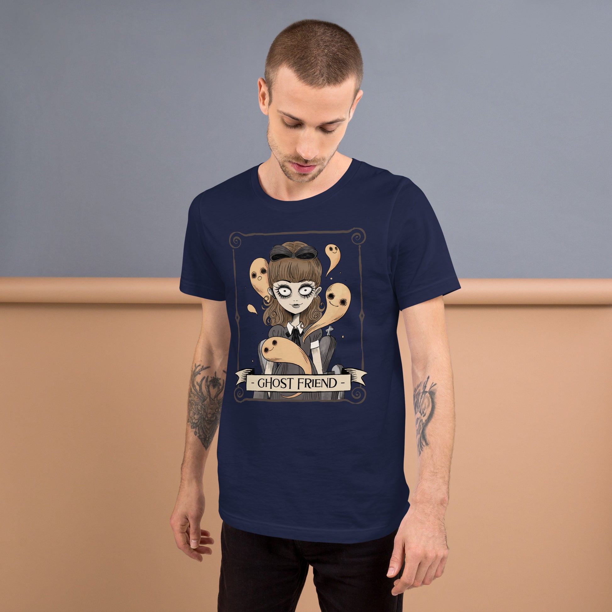 Ghost Friend Short-Sleeve Unisex T-shirt Navy Mockup