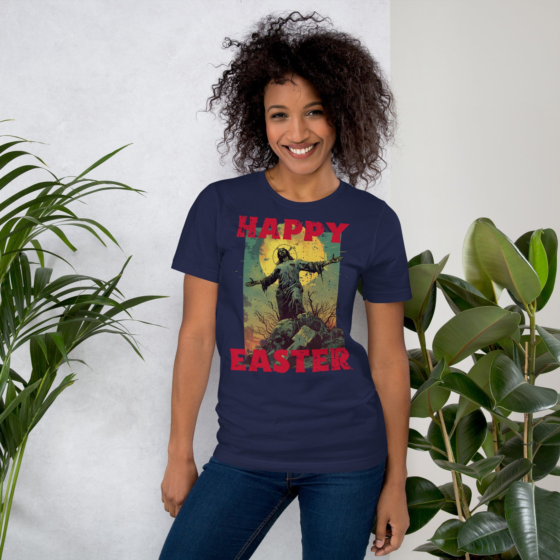 Happy Easter, Zombie Jesus Distressed Holiday Short-sleeve Unisex T-shirt Navy Mockup