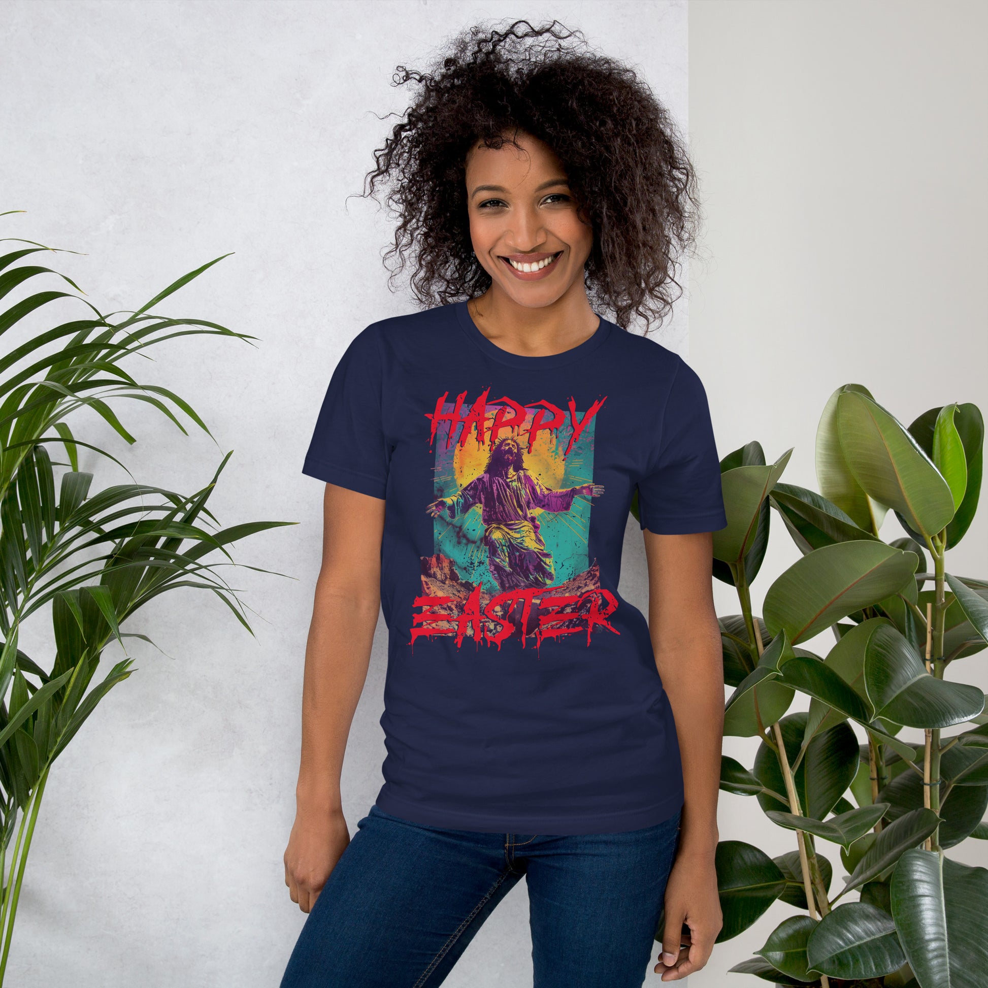Happy Easter, Zombie Jesus Irreverent Spring Holiday Short-sleeve Unisex T-shirt Navy Mockup