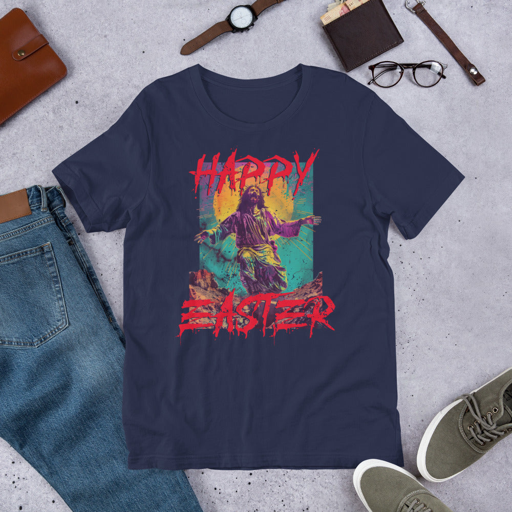 Happy Easter, Zombie Jesus Irreverent Spring Holiday Short-sleeve Unisex T-shirt Navy Flat