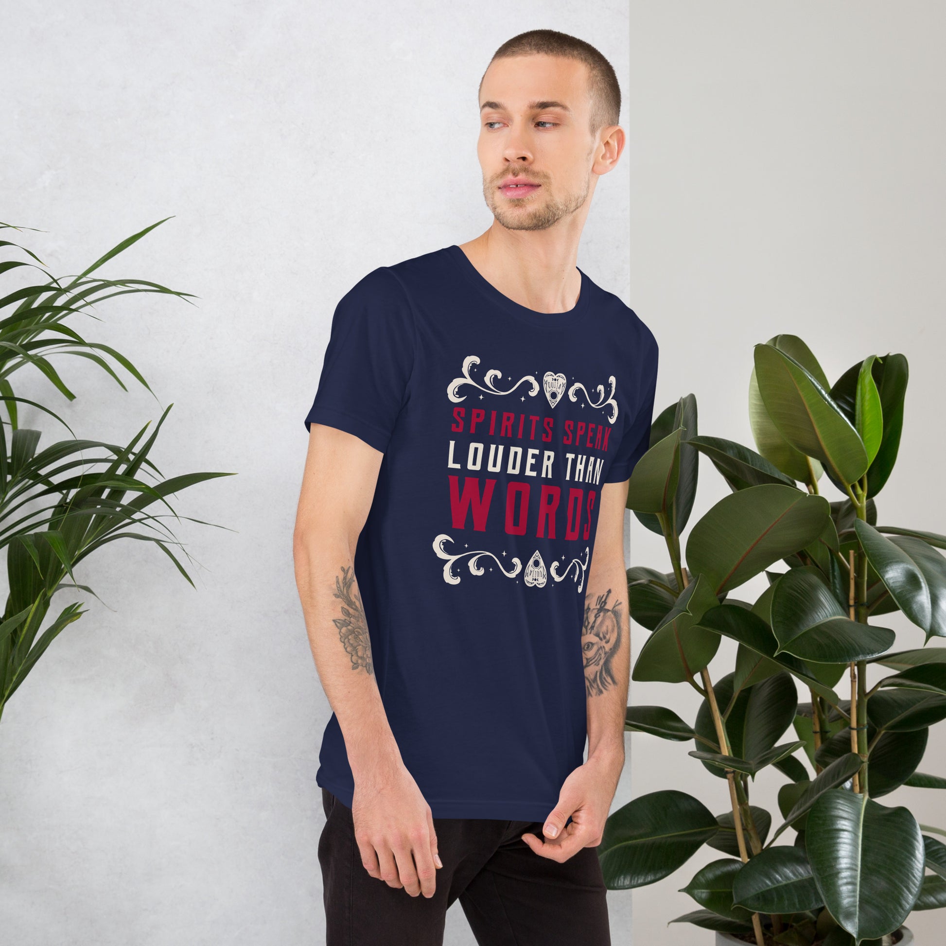 Spirits Speak Louder Than Words Short-sleeve Unisex T-shirt Navy Mockup
