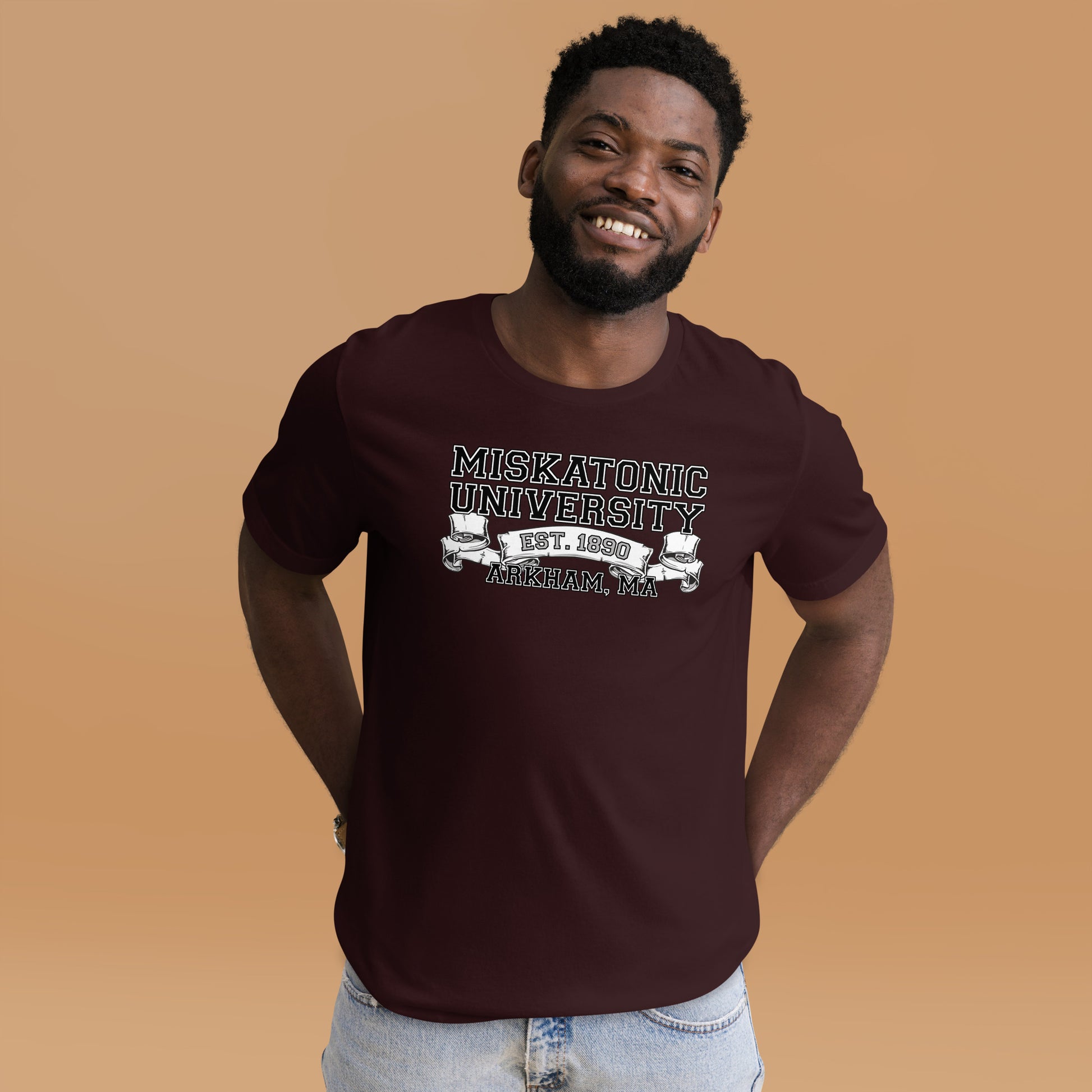 Miskatonic University Arkham MA Short-sleeve Unisex T-shirt Oxblood Mockup