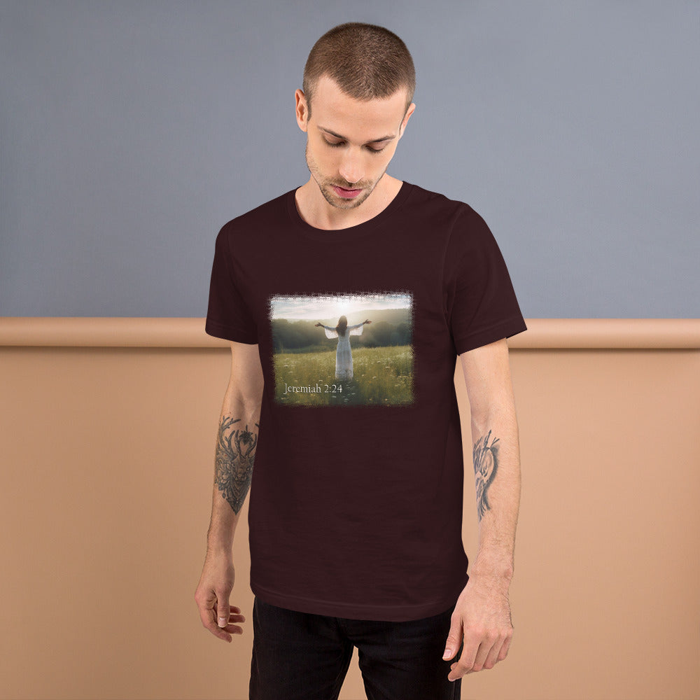 Jeremiah 2:24 Oxblood Short-Sleeve Unisex T-Shirt Mockup