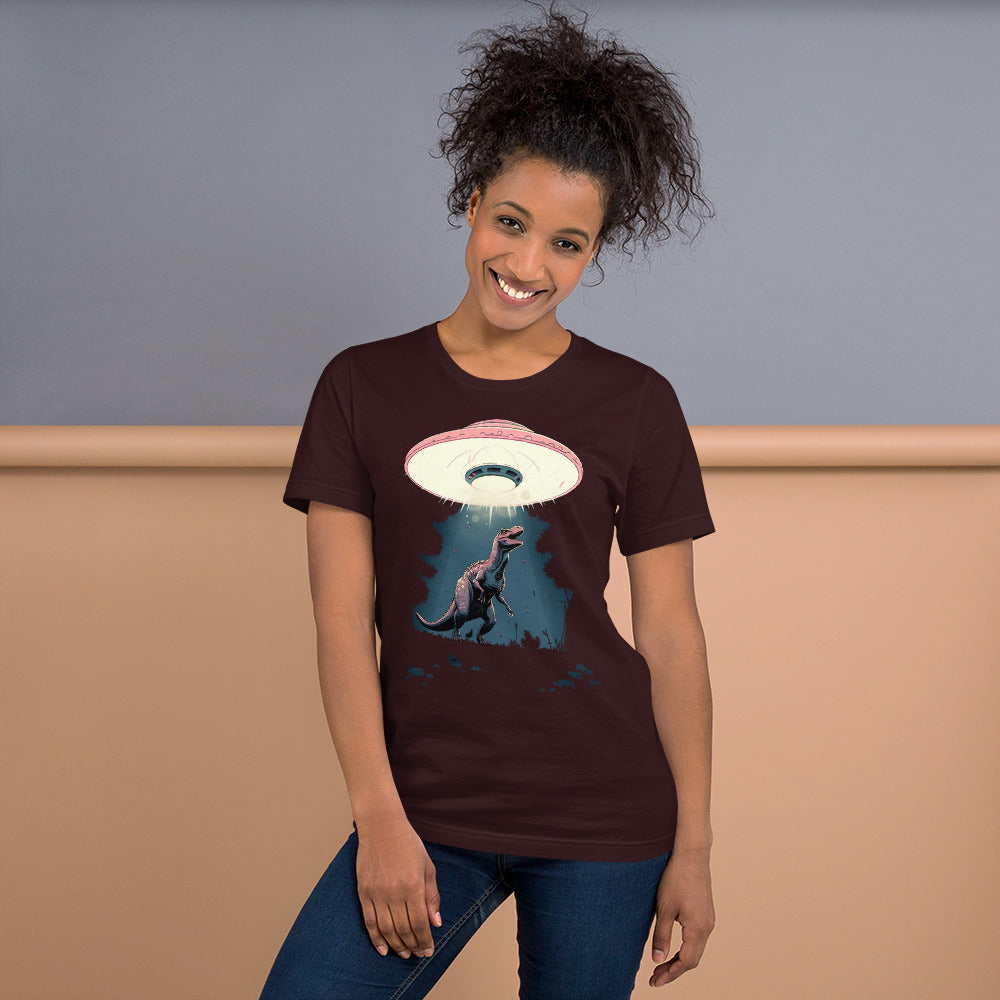 Dino-Abduction_Short-sleeve_Unisex_T-shirt_Oxblood_Mockup