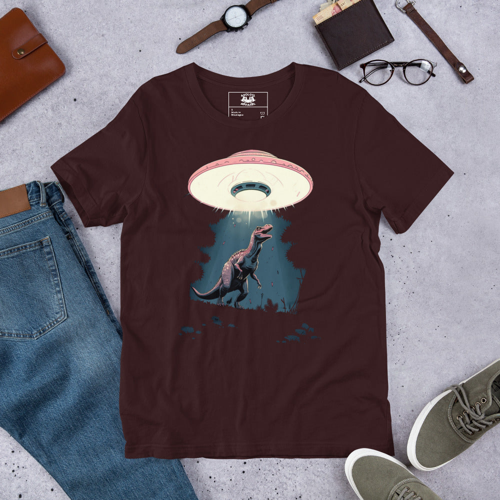 Dino-Abduction_Short-sleeve_Unisex_T-shirt_Oxblood_Flat