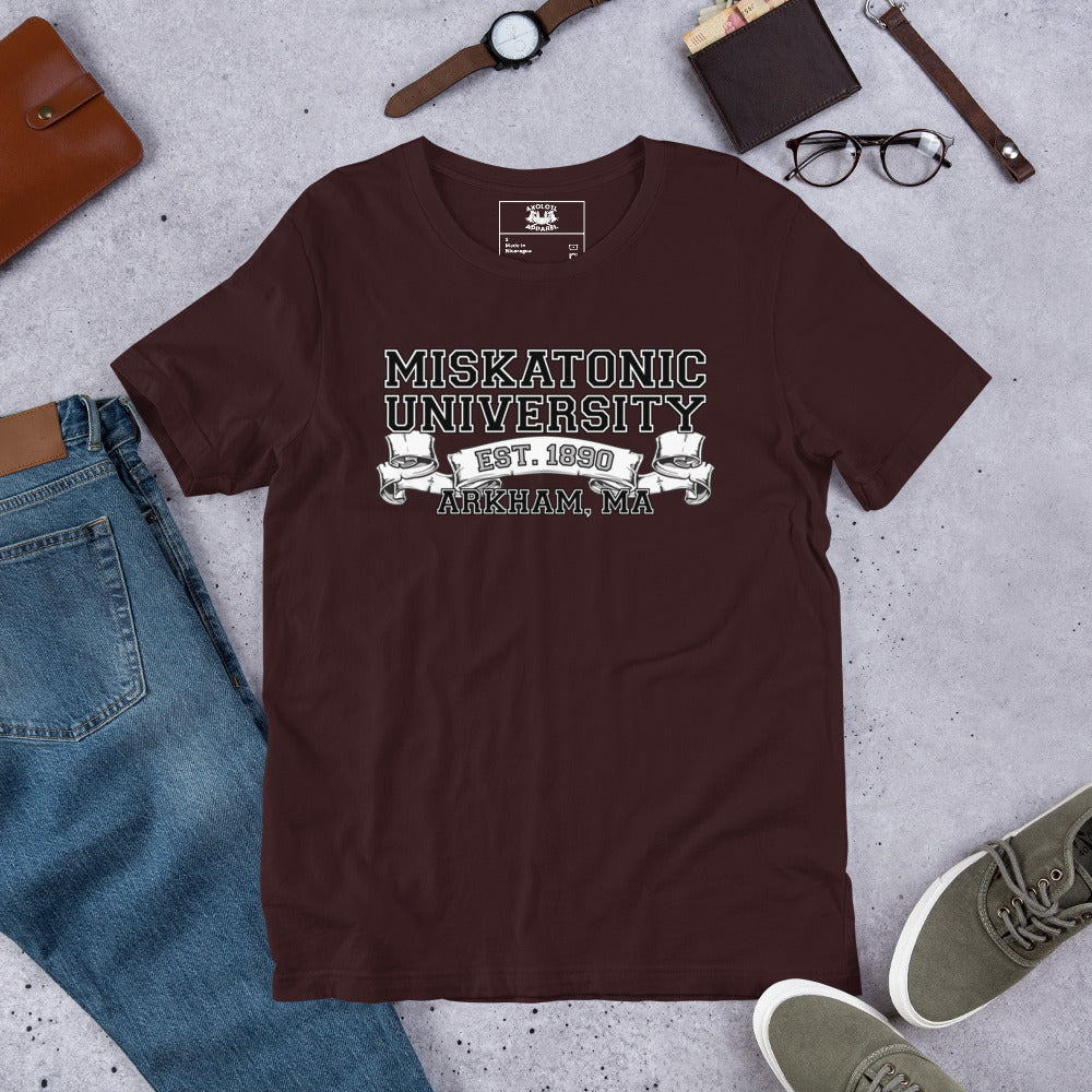 Miskatonic University Arkham MA Short-sleeve Unisex T-shirt Oxblood Flat