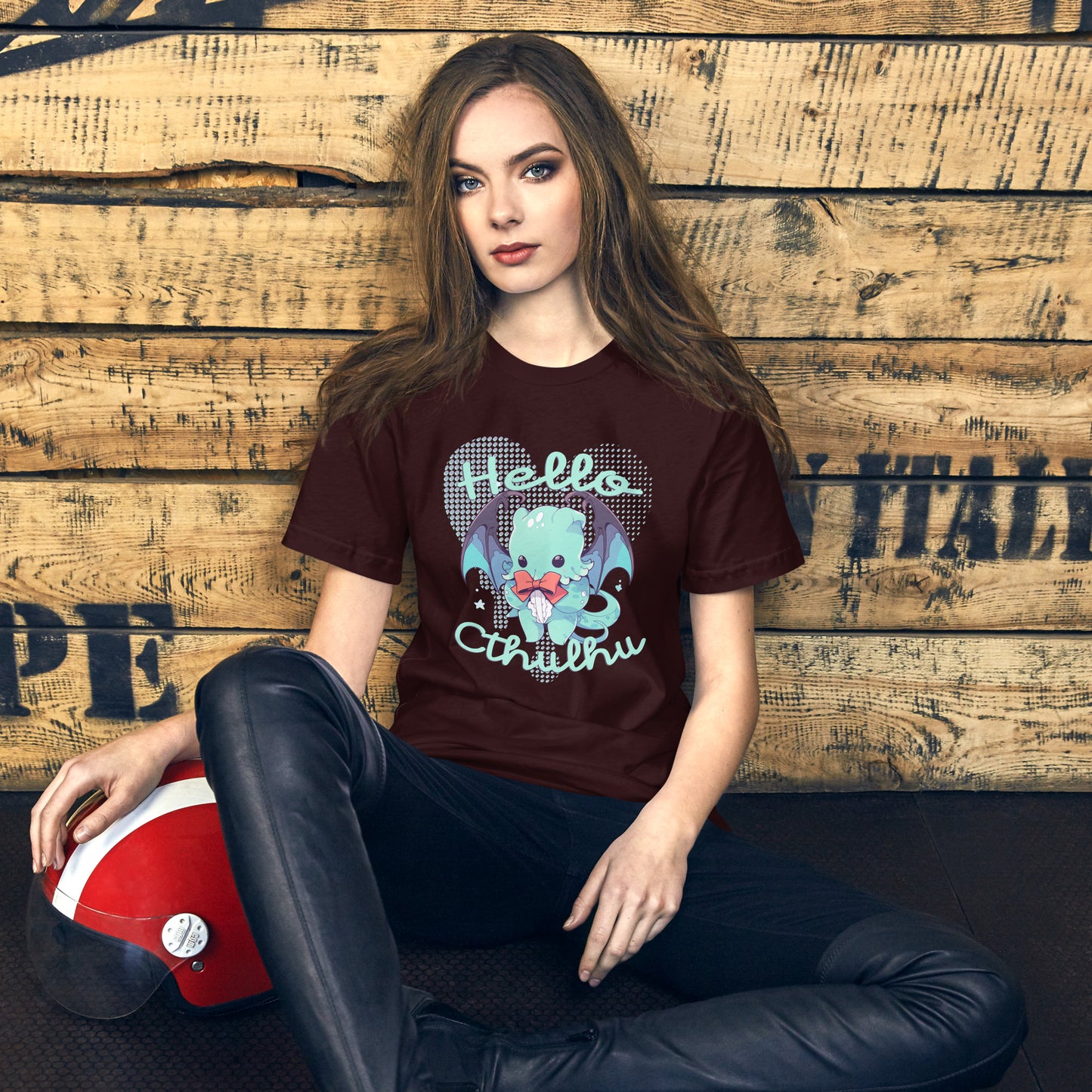 Hello Cthulhu Shirt-sleeve Unisex T-shirt Oxblood Mockup