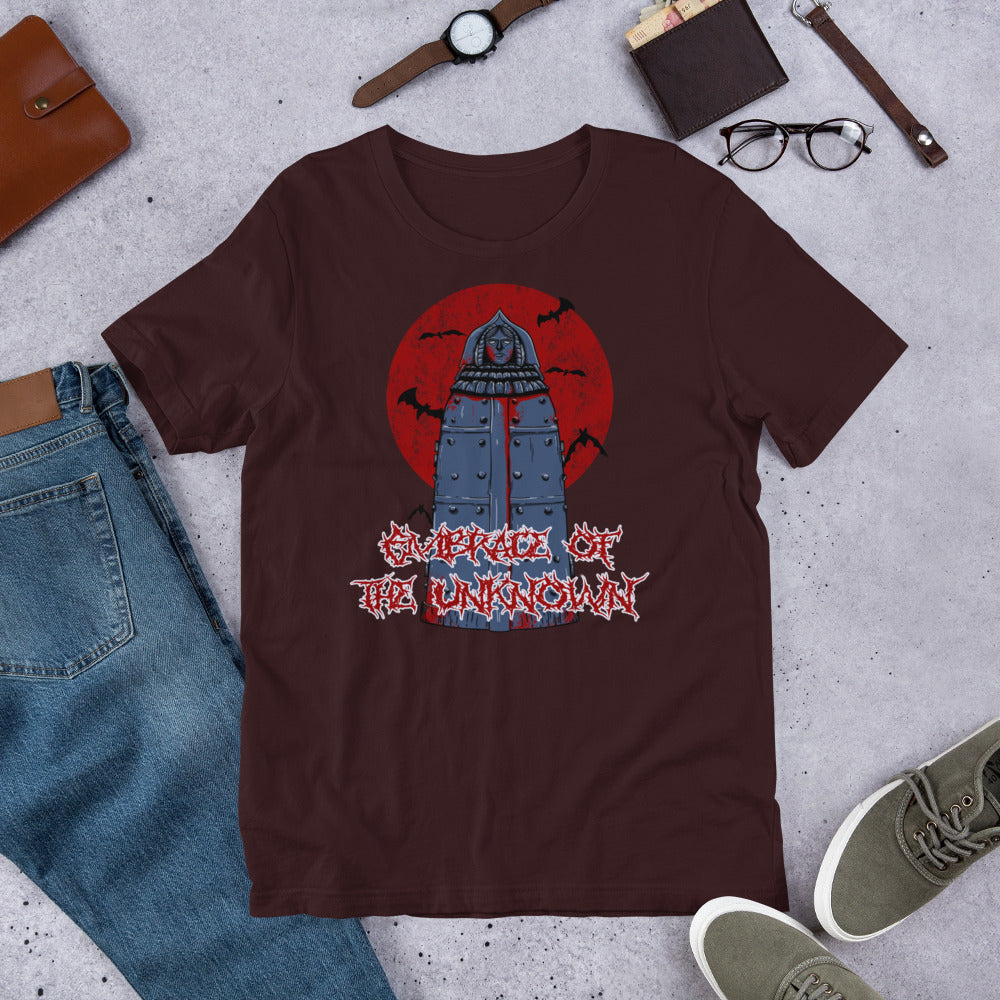 Embrace of the Unknown Short-sleeve Unisex T-shirt Oxblood Flat