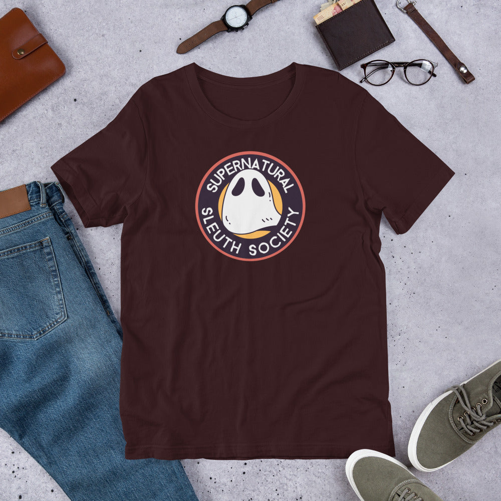 Supernatural Sleuth Society Short-sleeve Unisex T-shirt Oxblood Flat