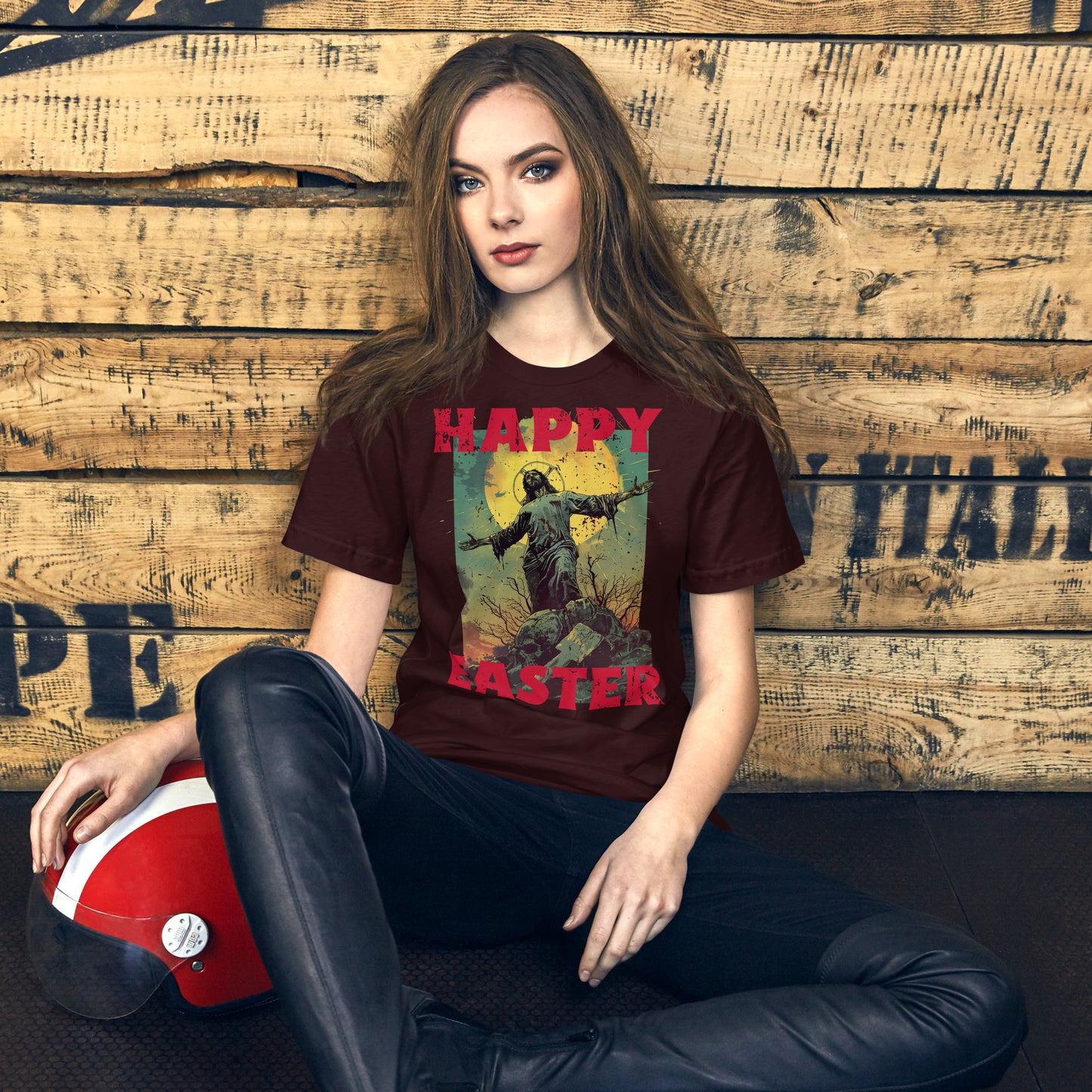 Happy Easter, Zombie Jesus Distressed Holiday Short-sleeve Unisex T-shirt Oxblood Mockup