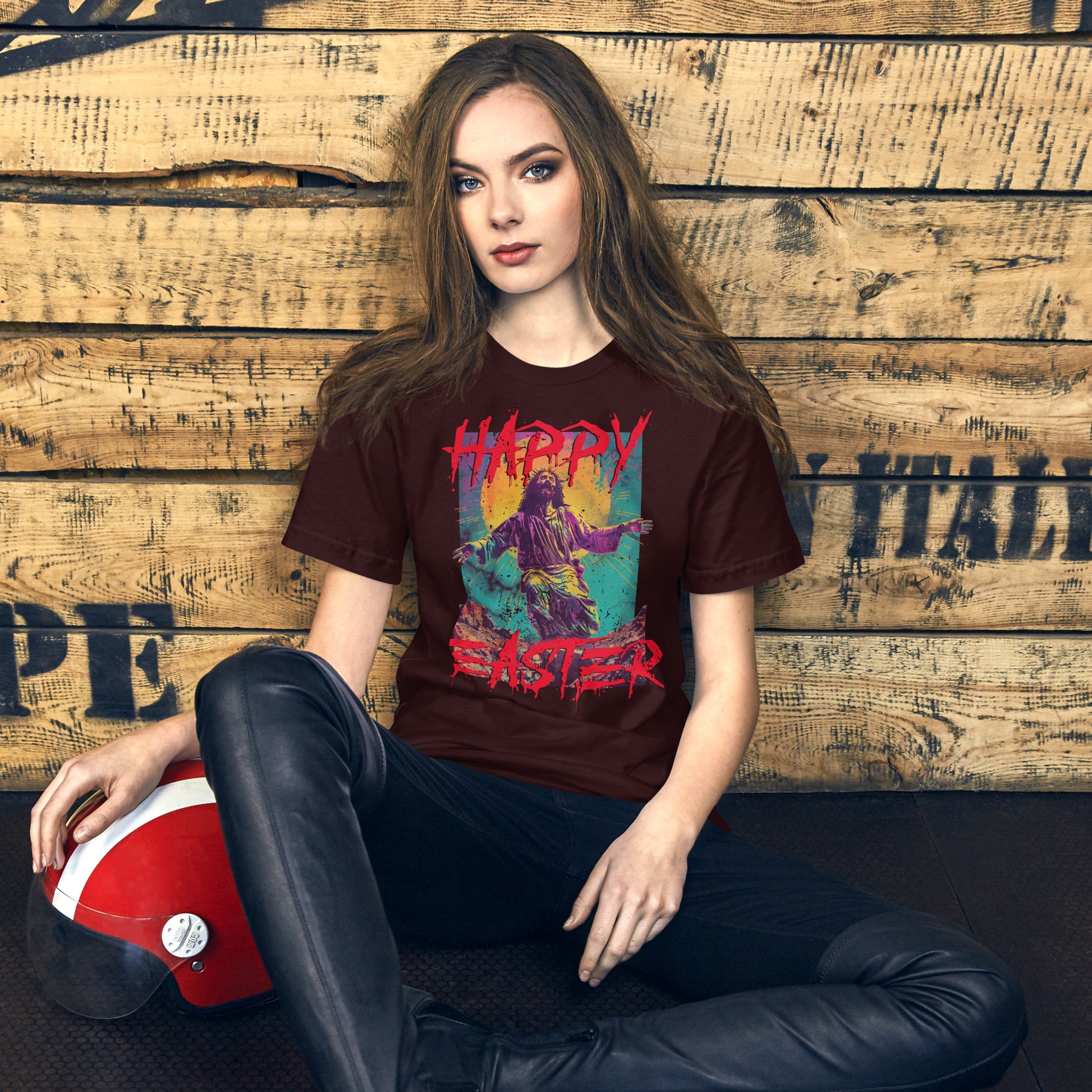 Happy Easter, Zombie Jesus Irreverent Spring Holiday Short-sleeve Unisex T-shirt Oxblood Mockup