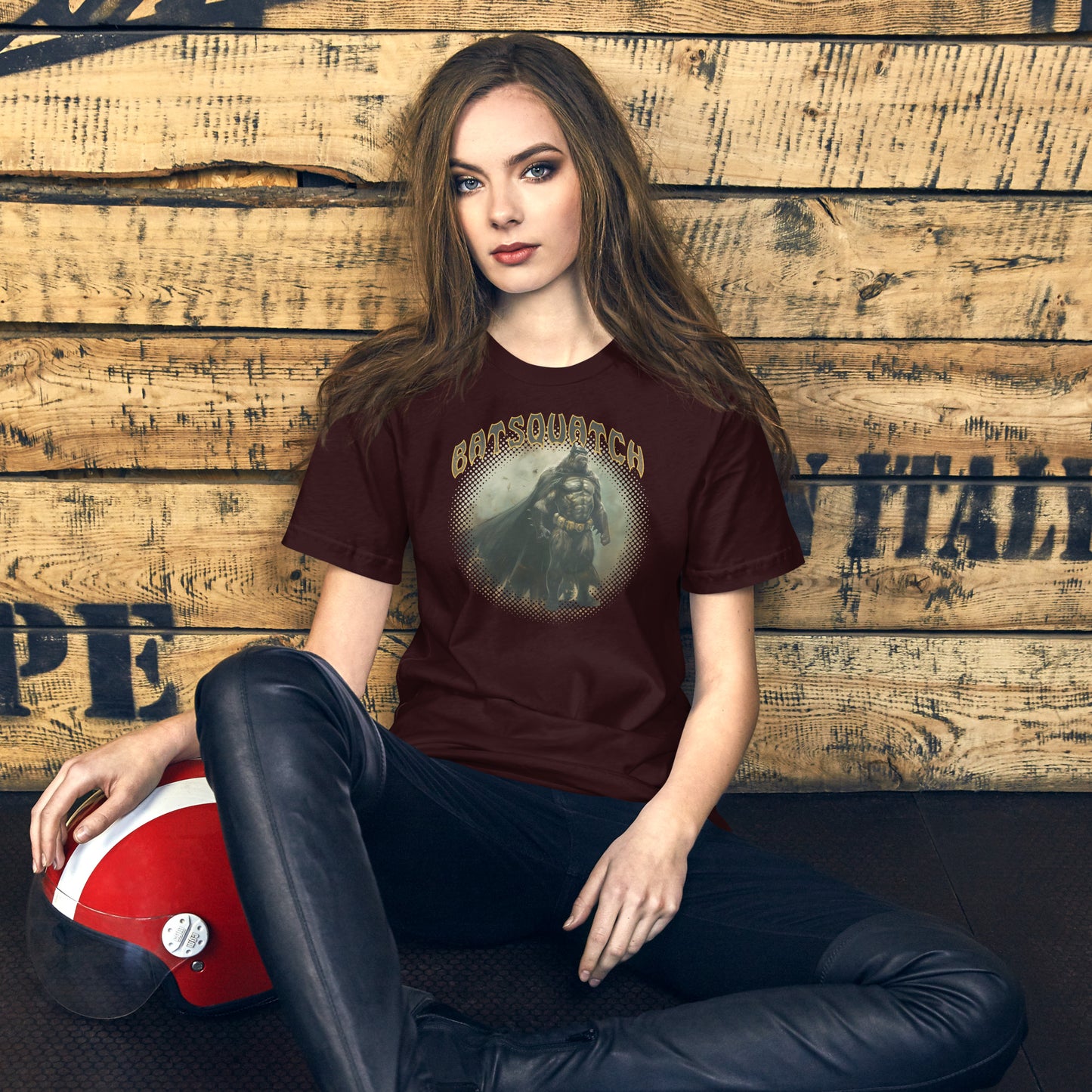 Batsquatch Short Sleeve Unisex T-shirt Oxblood Mockup