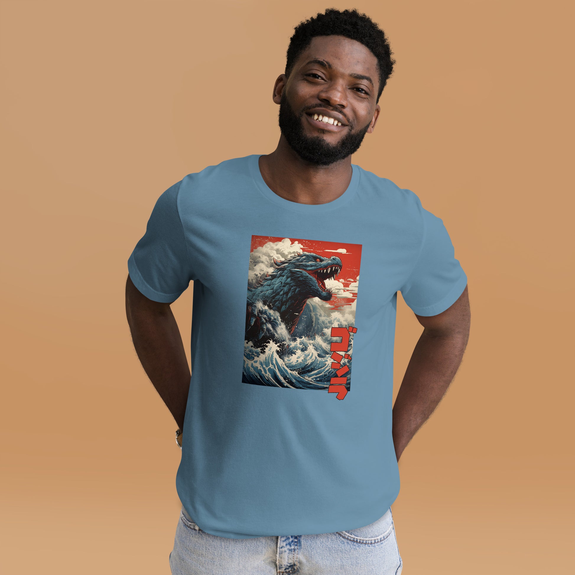 Gojira-off-Kanagawa_Shirt-sleeve_Unisex_T-shirt_Steel-blue_Mockup