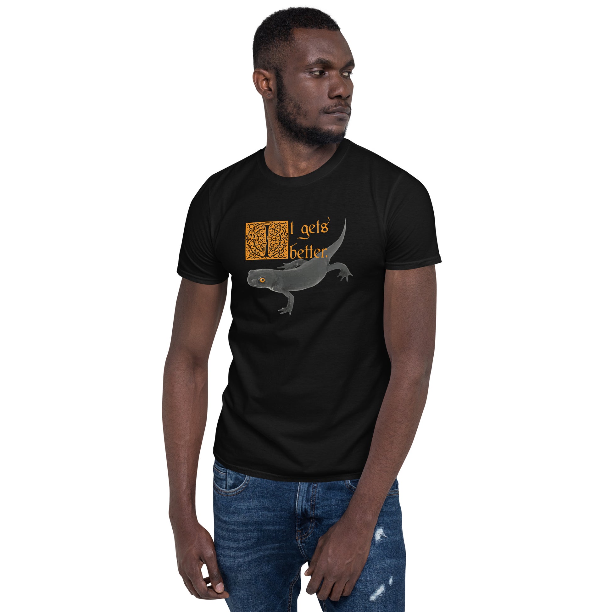 it gets better short sleeve unisex t-shirt Black Mockup