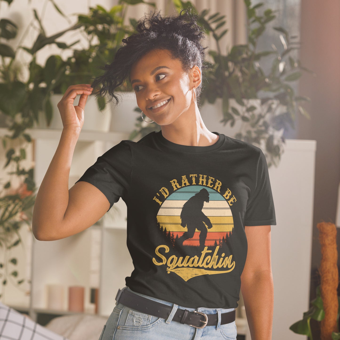 i'd rather be squatchin short sleeve unisex t-shirt black mockup
