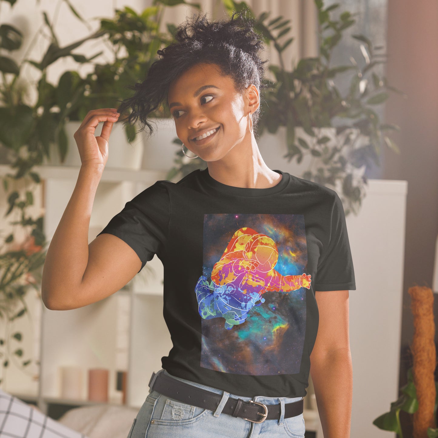 Rainbownaut Astronaut in Space Short-sleeve Unisex T-shirt Black Mockup