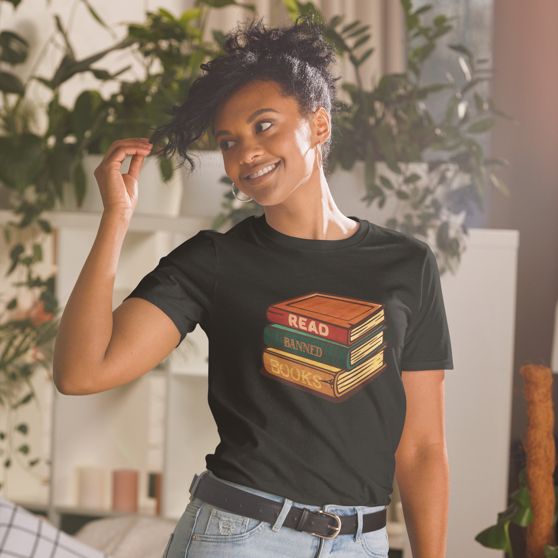 read banned books short sleeve unisex t-shirt black mockup