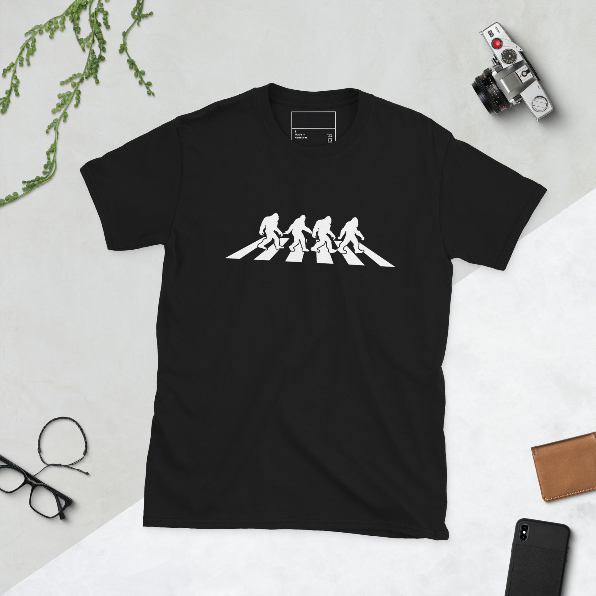 Sasquatch Road Short Sleeve Unisex T-shirt Black Flat