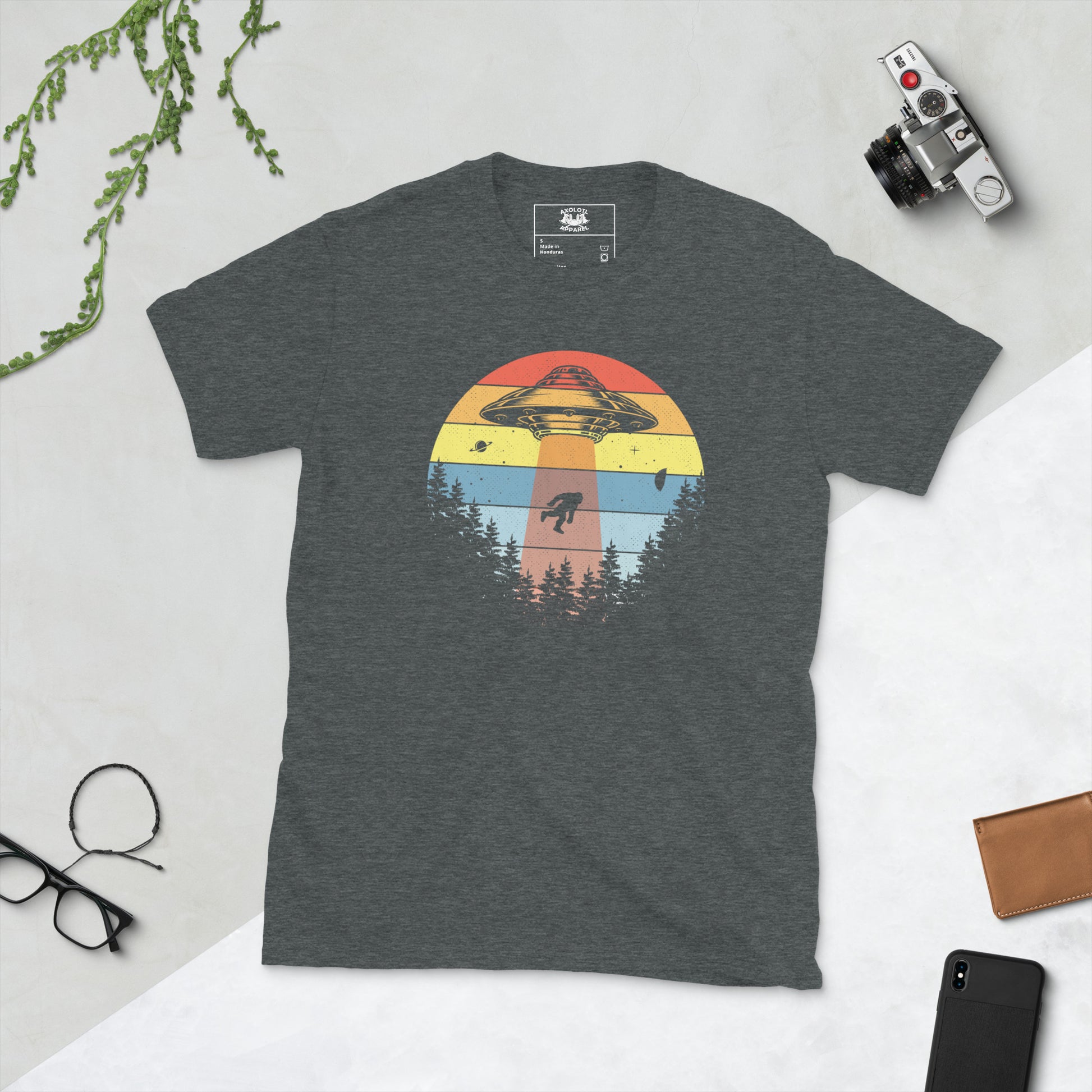 squatch abduction short sleeve unisex t-shirt dark grey flat