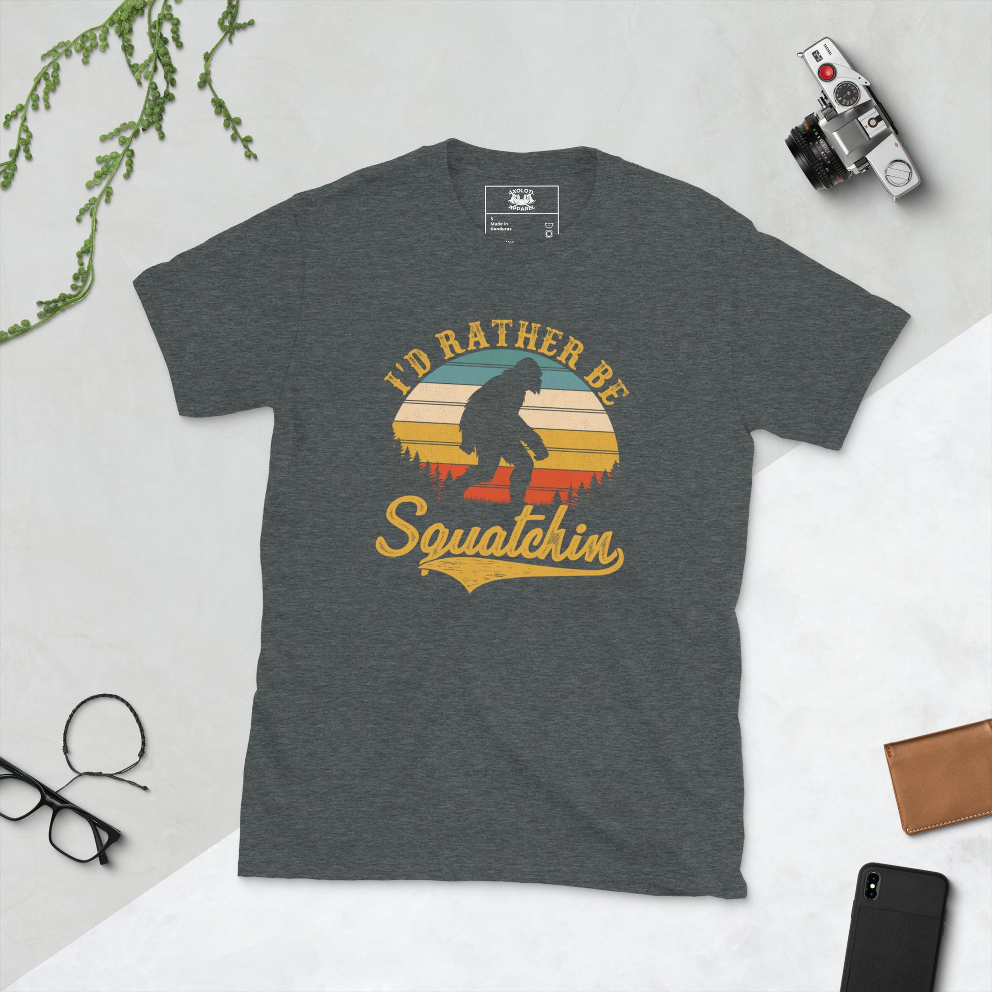 i'd rather be squatchin short sleeve unisex t-shirt dark grey flat