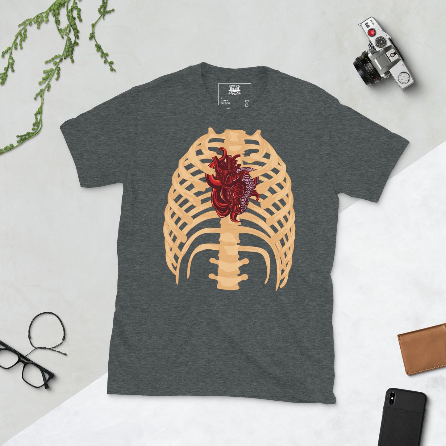 tentacle heart short sleeve unisex t-shirt dark grey flat