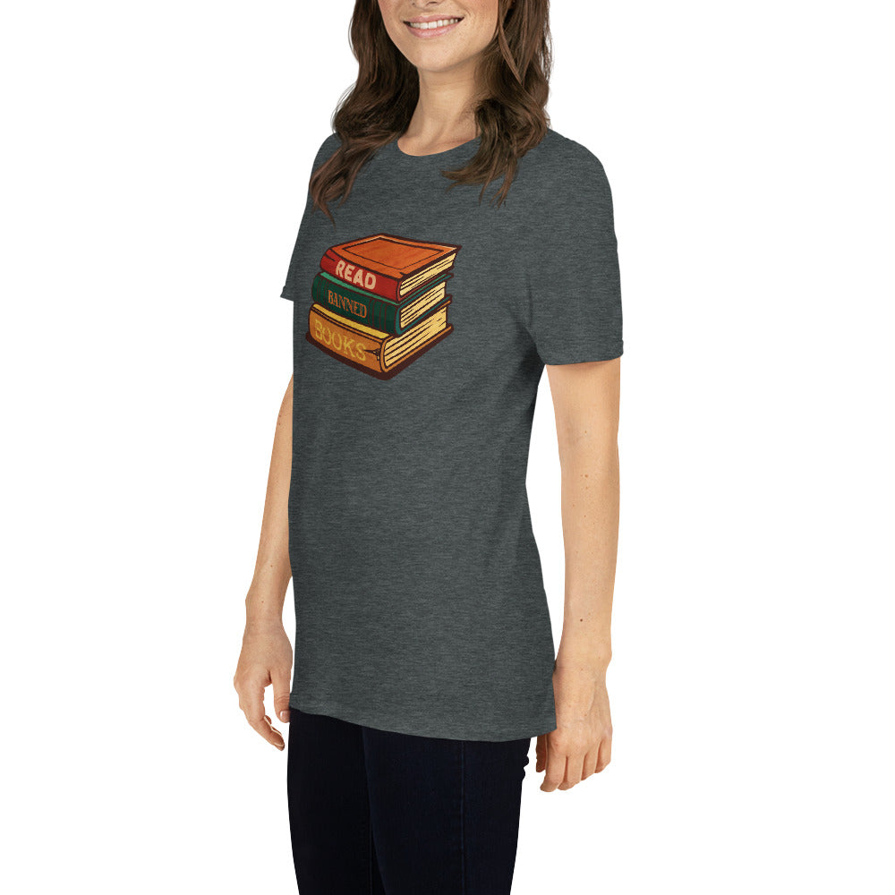 read banned books short sleeve unisex t-shirt dark grey mockup