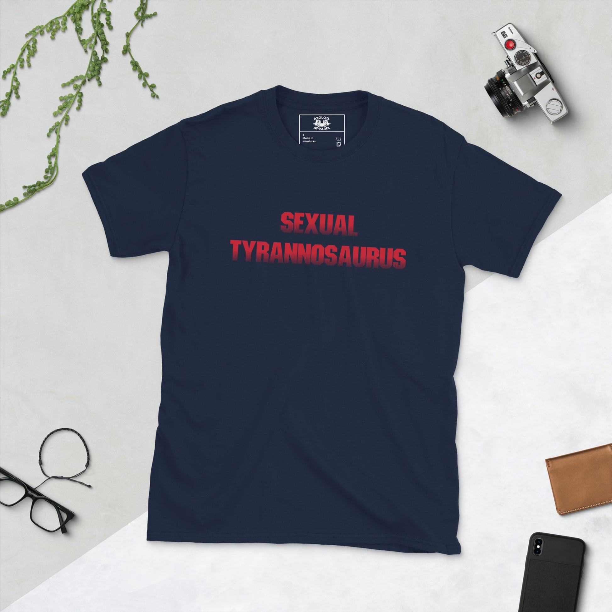 sexual tyrannosaurus short sleeve unisex t-shirt navy flat