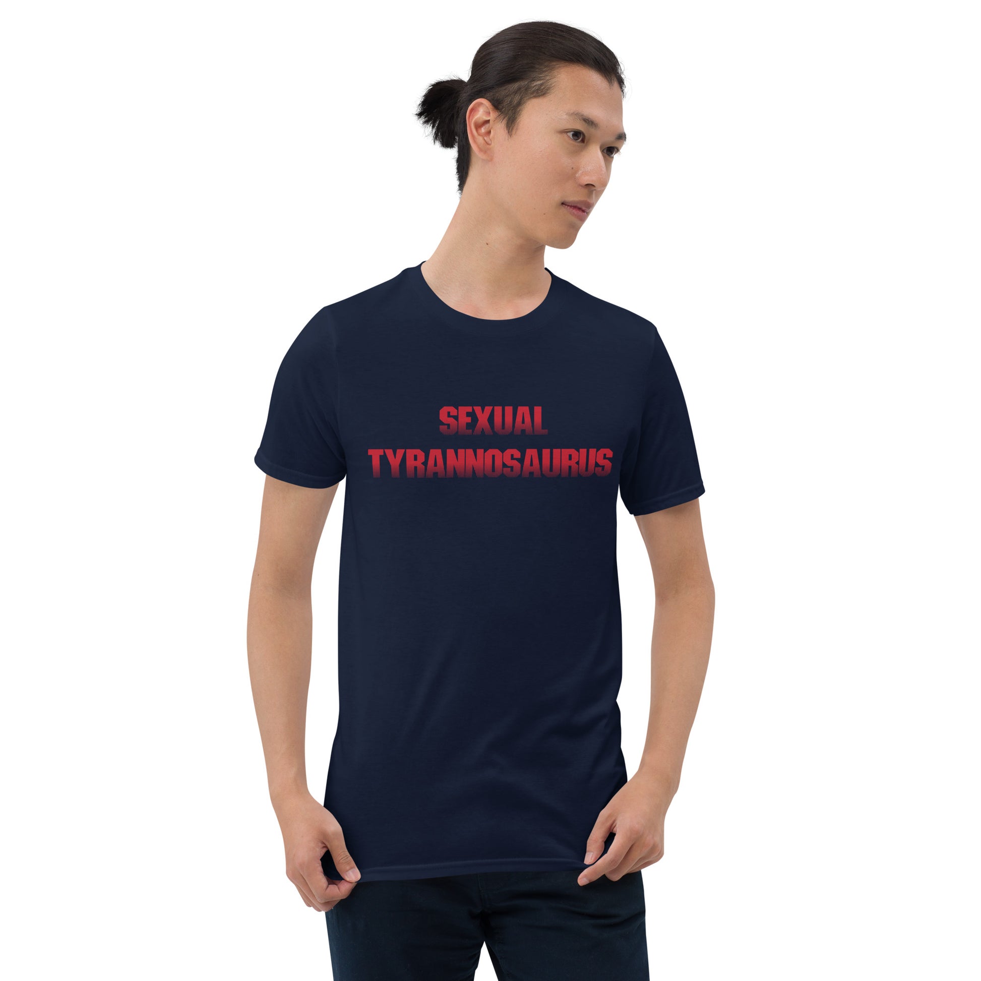 sexual tyrannosaurus short sleeve unisex t-shirt navy mockup