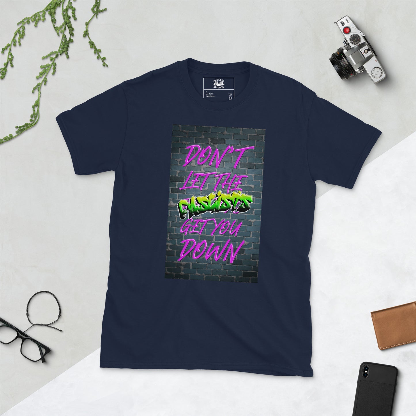 Don't Let The Fascists Get You Down short sleeve unisex t-shirt navy flat