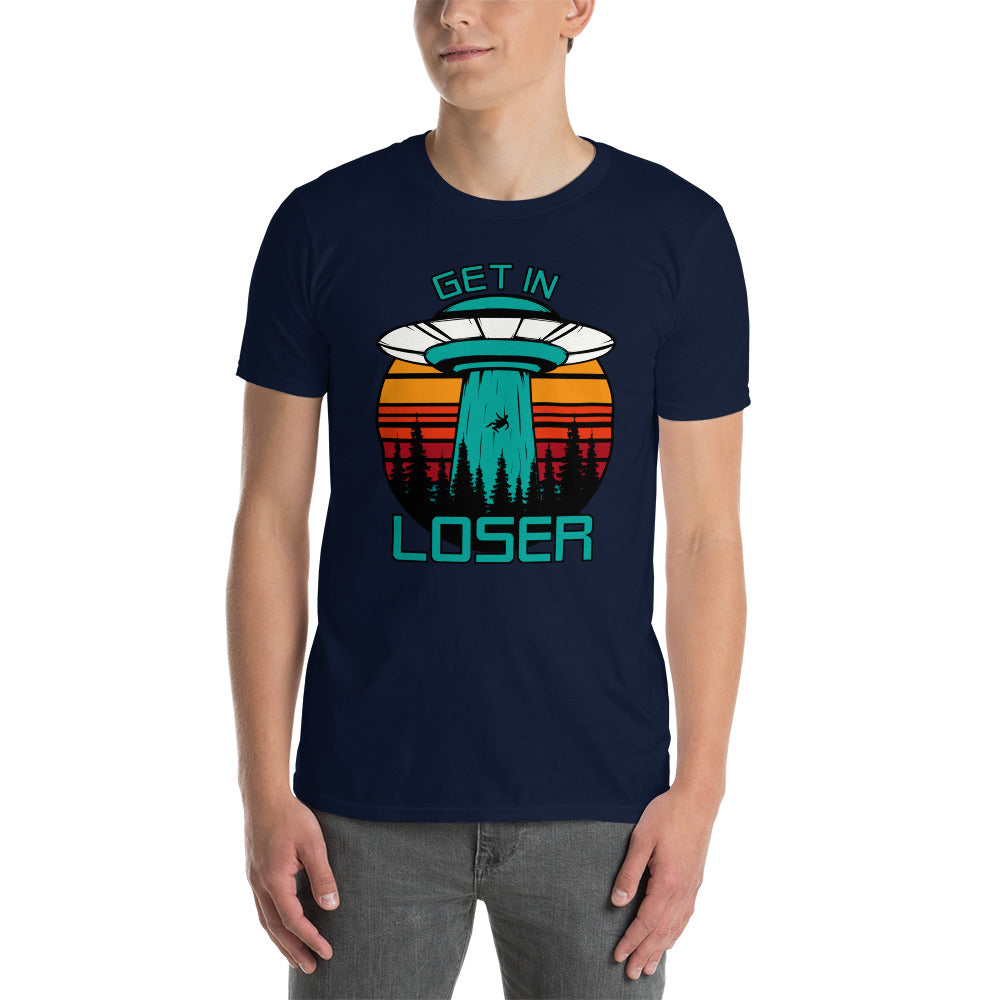Get in Loser short sleeve unisex t-shirt navy mockup