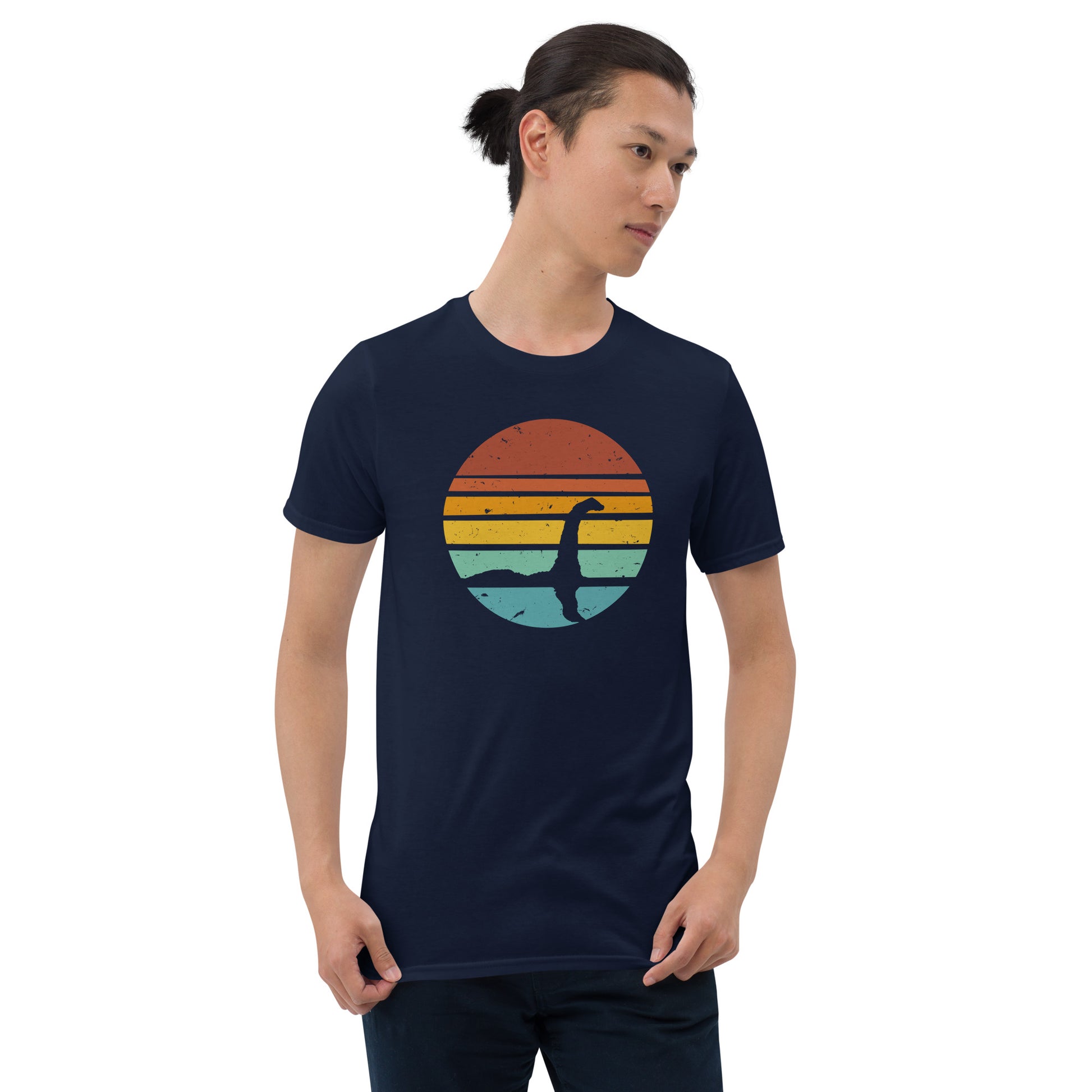 loch ness sunset short sleeve unisex t-shirt navy mockup